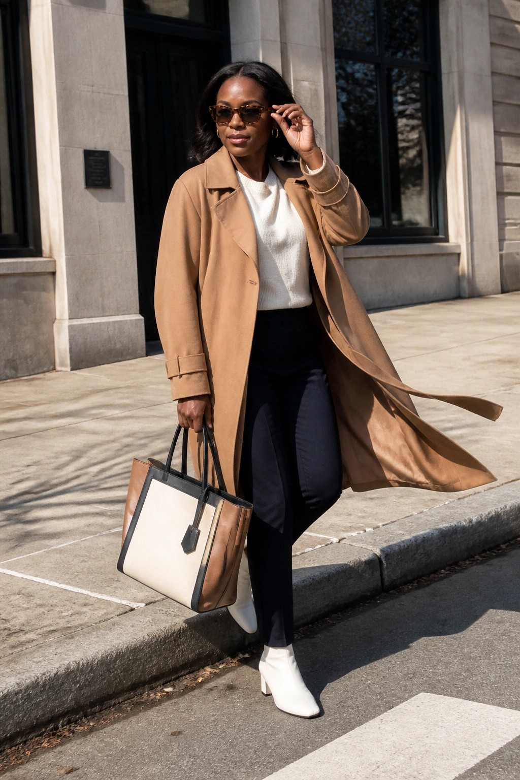Woman in camel coat and white boots holding colorblock tote on city sidewalk