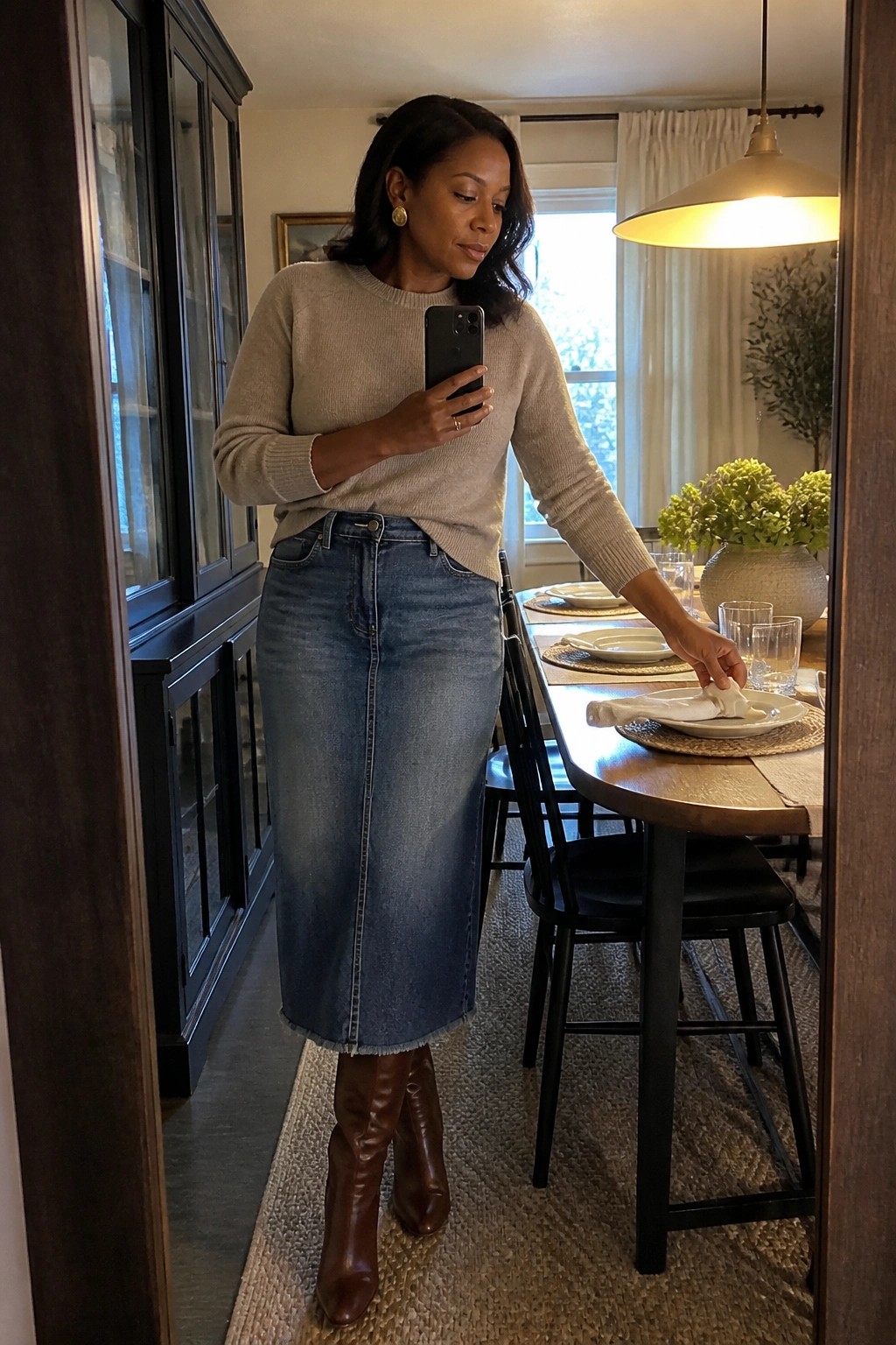 Woman in beige sweater and denim skirt taking selfie by dining table