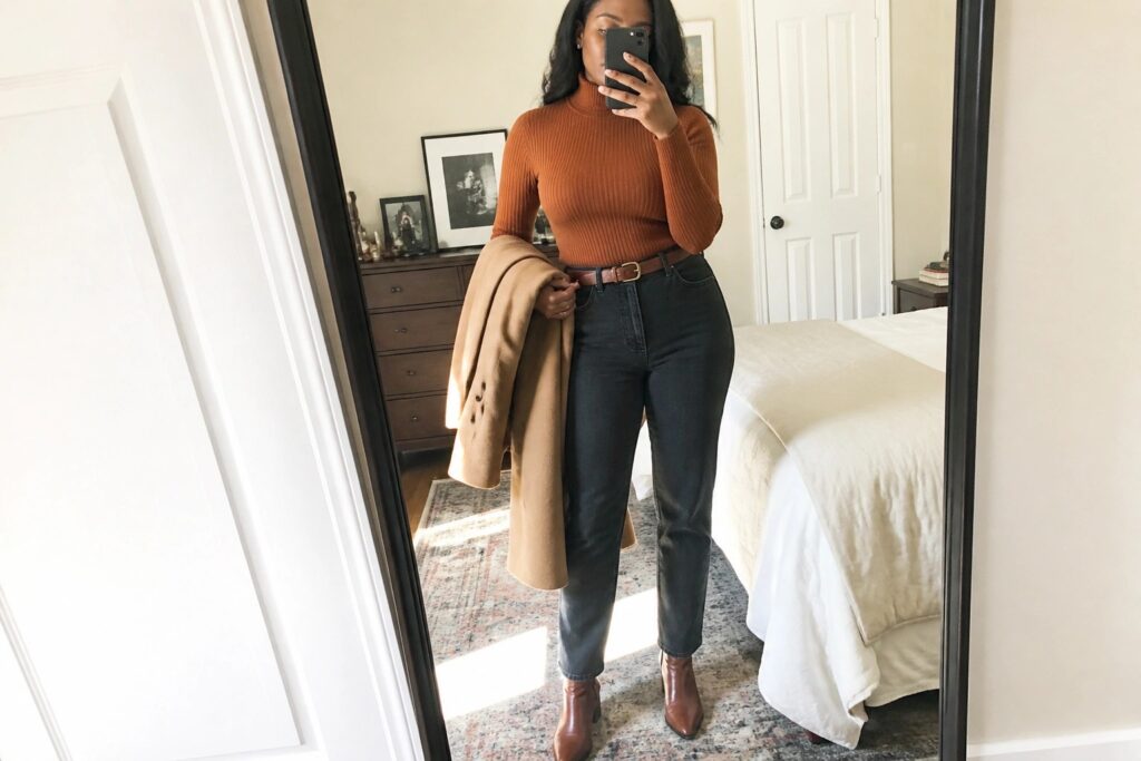 Woman in rust turtleneck, dark jeans, and brown boots holding tan coat in mirror