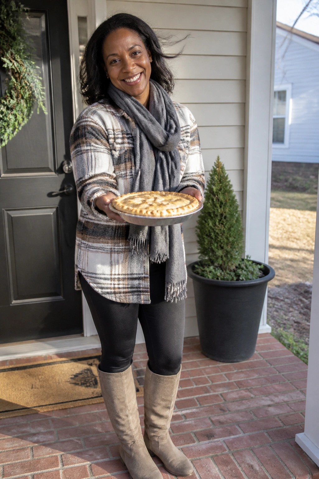 Smiling woman in plaid jacket and boots holding pie on brick front porch
