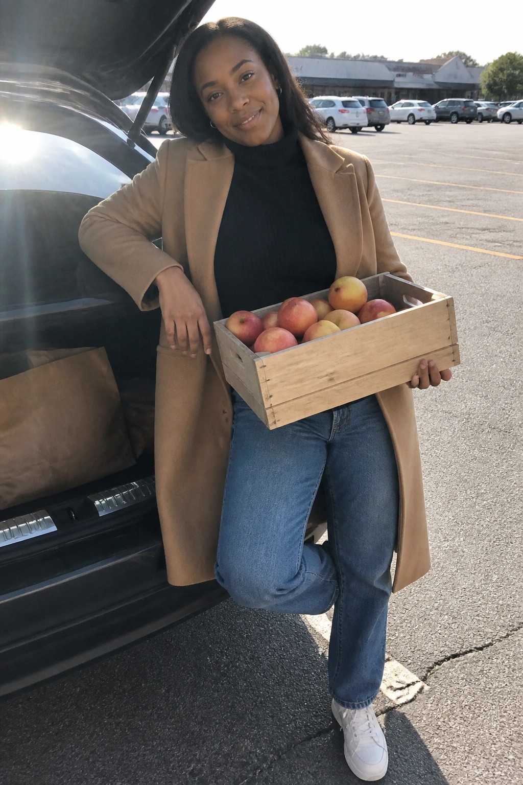 Black woman wearing camel coat over black turtleneck sweater paired with blue jeans and white sneakers while holding wooden apple crate beside open car trunk.