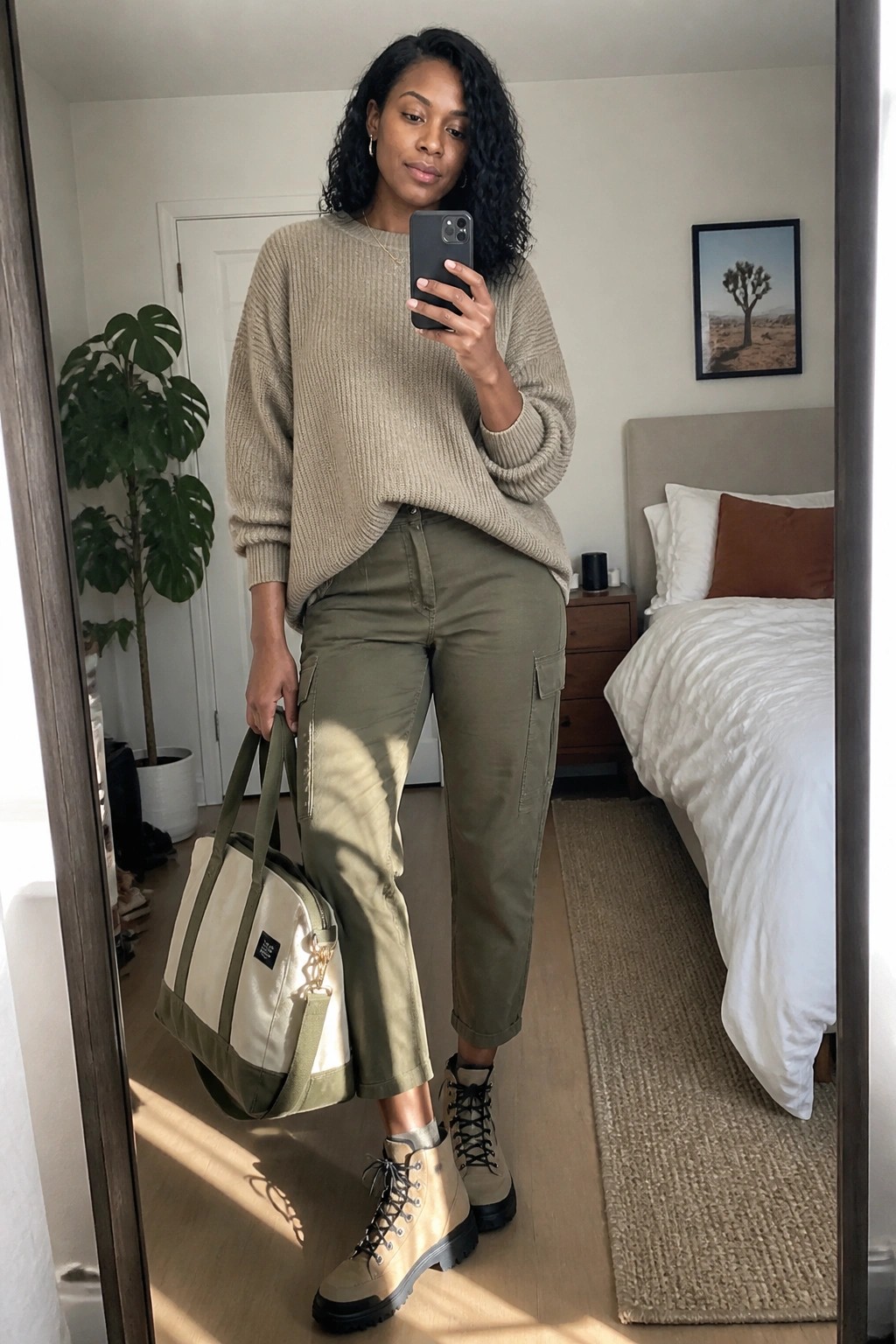 Woman in beige sweater and olive cargo pants holding tote bag in bedroom mirror