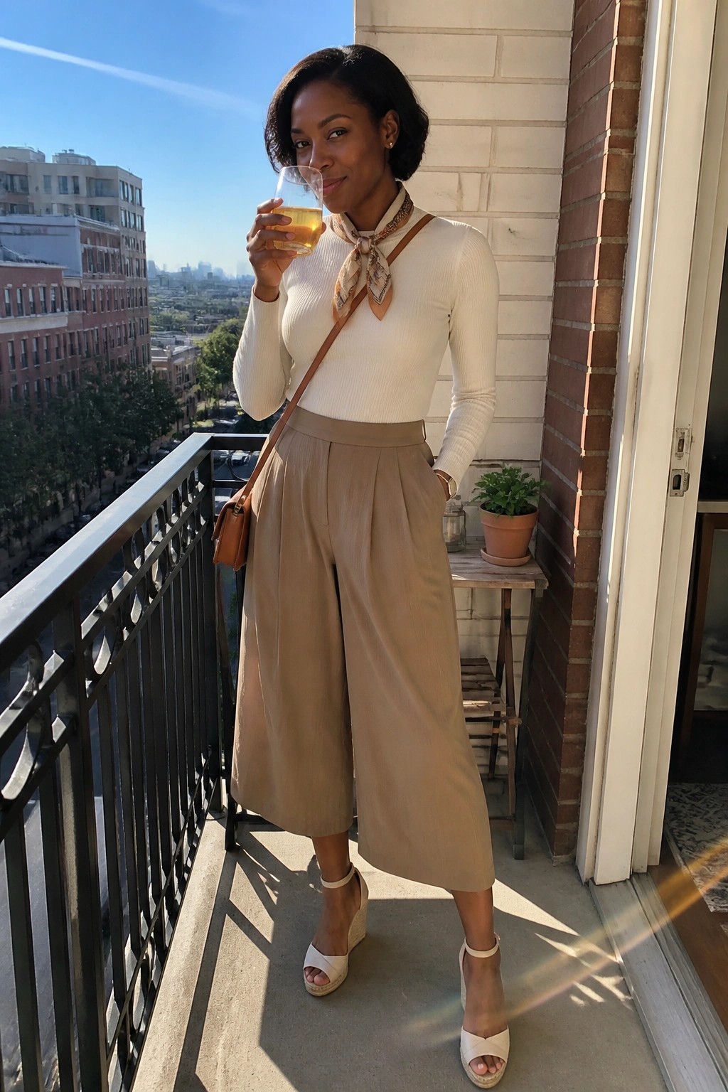 Woman in white sweater and beige pants holding drink on sunny city balcony