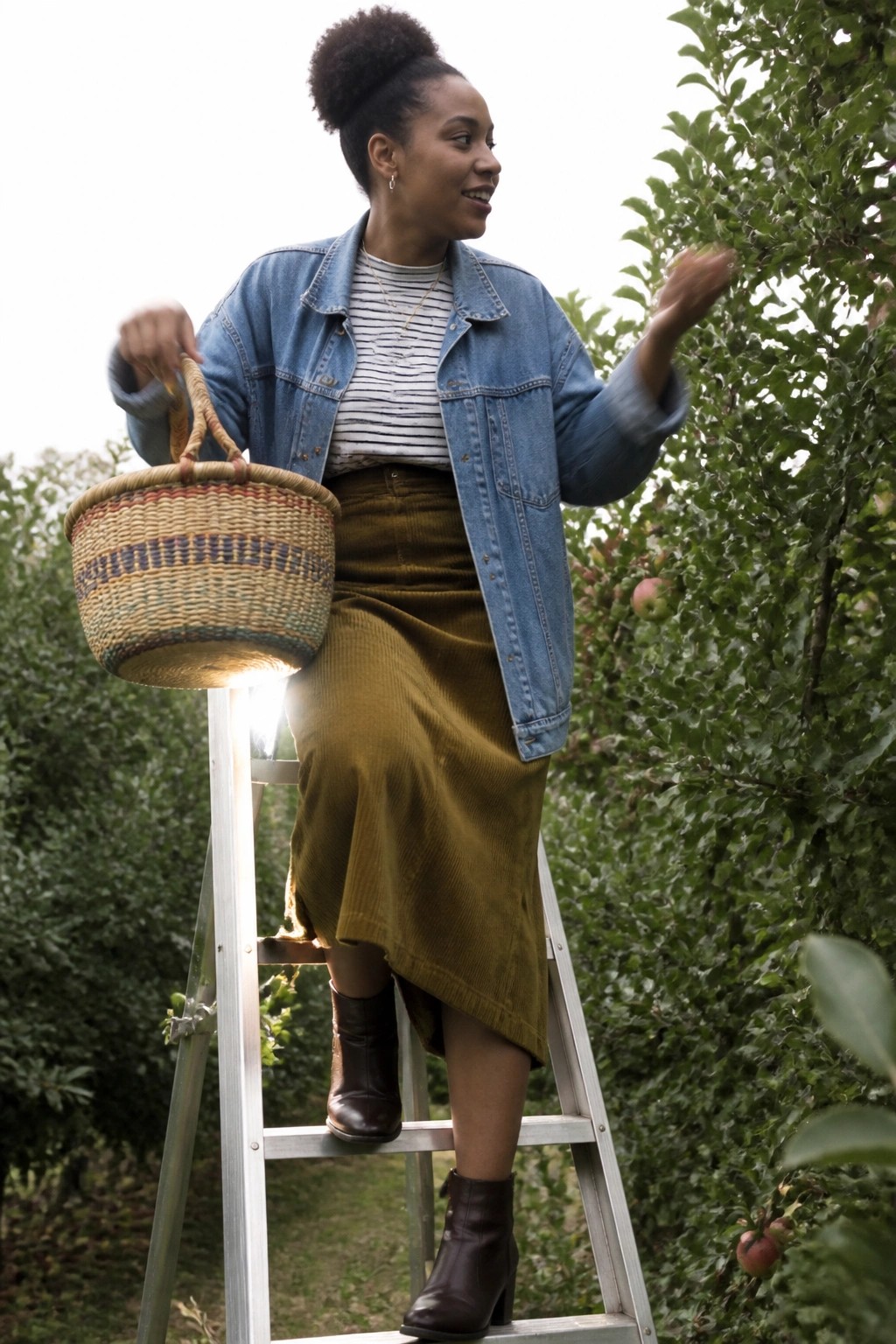 Woman in blue denim jacket on ladder holding basket in apple orchard