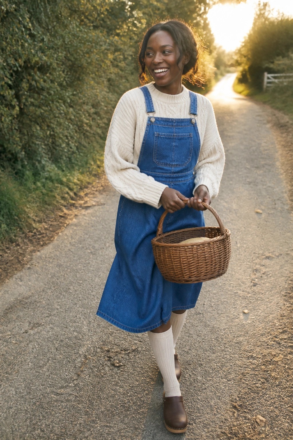Smiling woman in blue denim overalls and cream sweater holding wicker basket on path