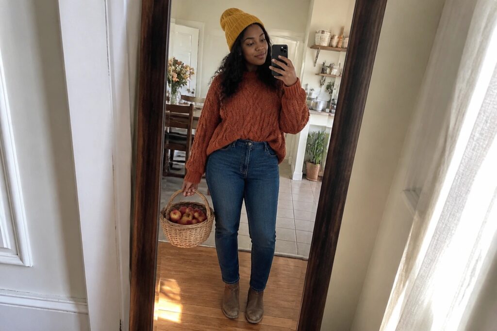 21 Apple Picking Outfits for Black Women Perfect for Crisp Fall Weekends Woman in yellow beanie and orange sweater holding apple basket for mirror selfie
