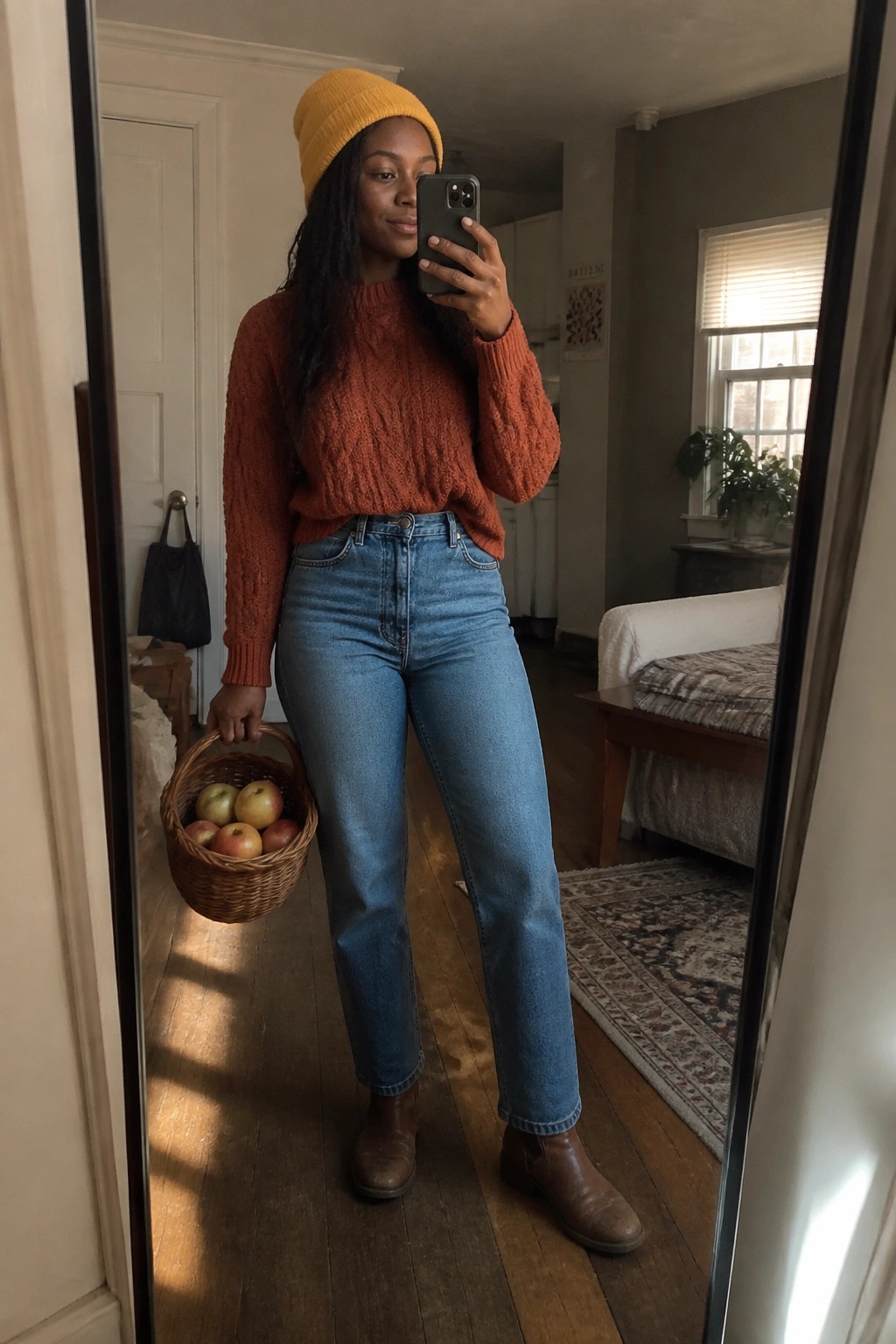 Woman in yellow beanie and orange sweater holding apple basket for mirror selfie