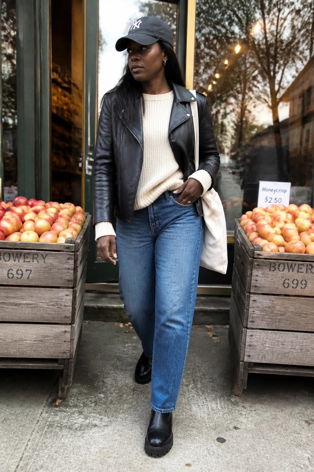 Woman in black leather moto jacket over cream knit sweater, blue straight-leg jeans, black chunky boots, black NY cap, and white tote bag standing beside wooden apple crates