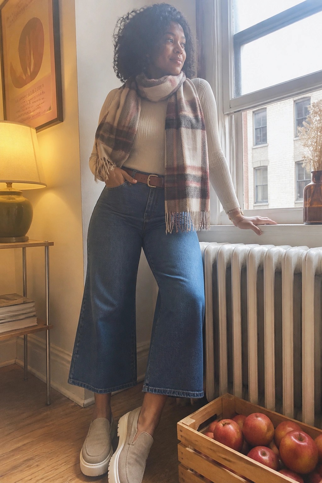 Woman in plaid scarf and wide-leg jeans by window with crate of apples