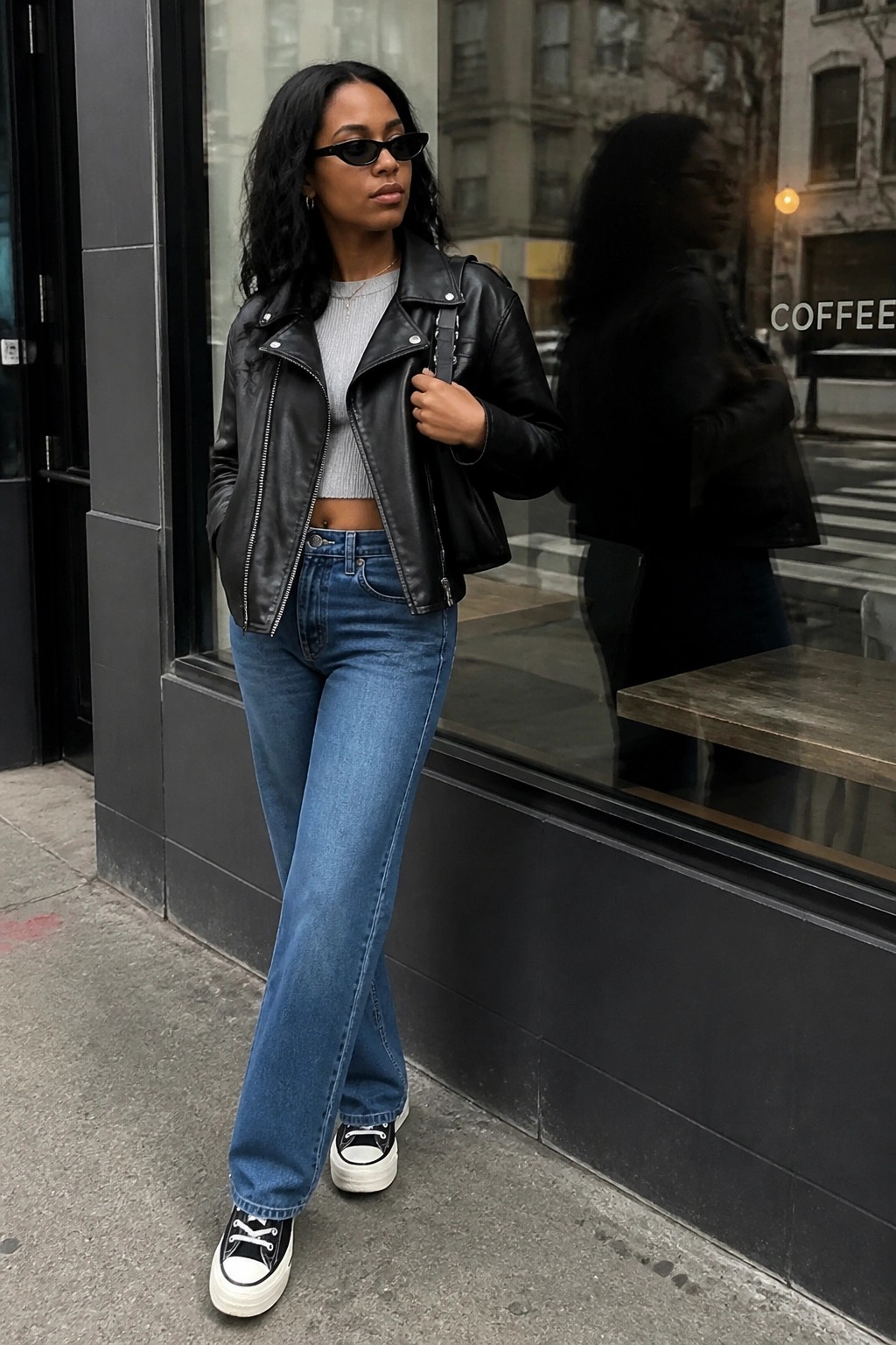 Woman in black leather jacket and blue jeans outside coffee shop window