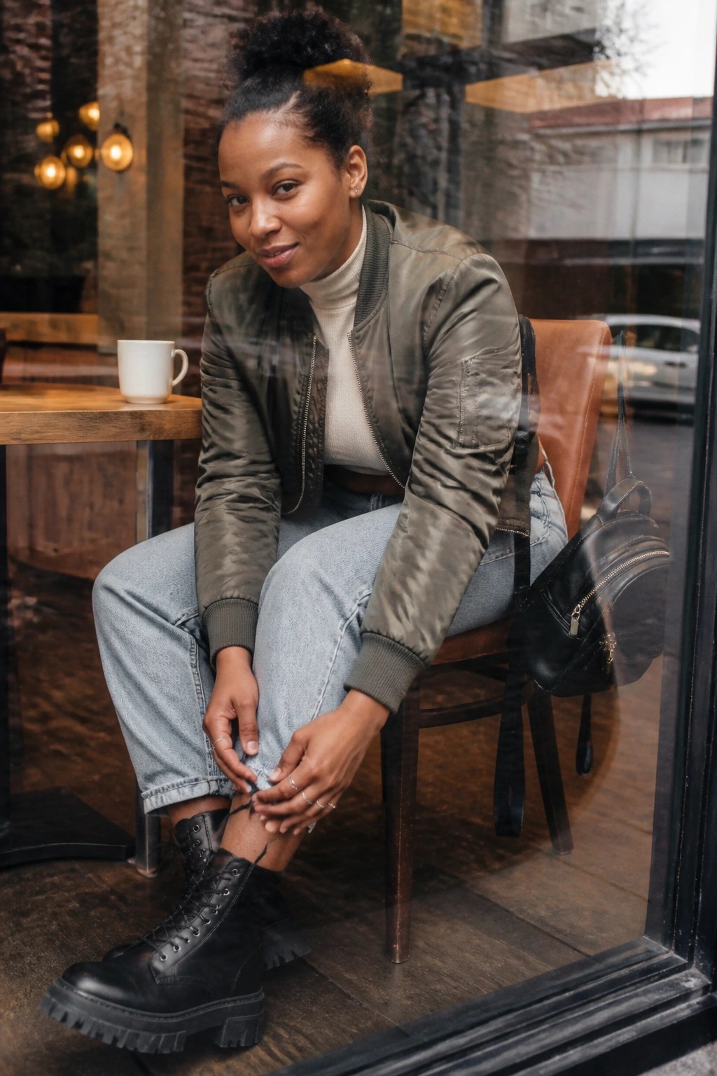 Woman seated wearing an olive green bomber jacket over a cream turtleneck, light wash jeans, and black combat boots with a black backpack slung over the chair.