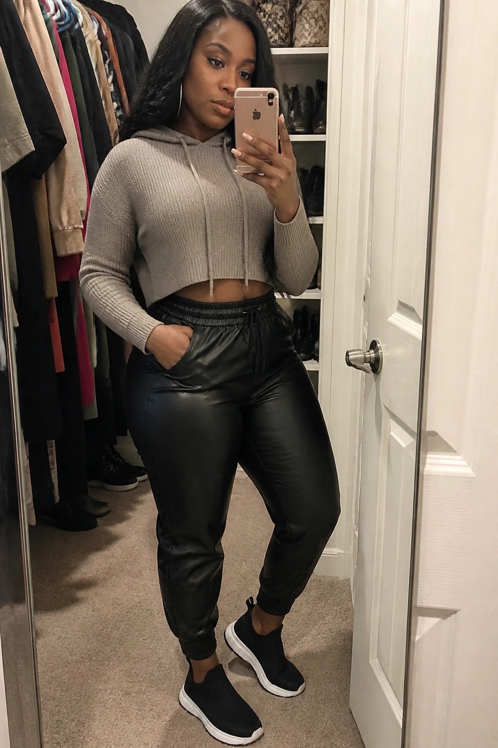 Woman wearing a taupe cropped knit hoodie with black faux leather jogger pants and black slip on sneakers while taking a mirror selfie.