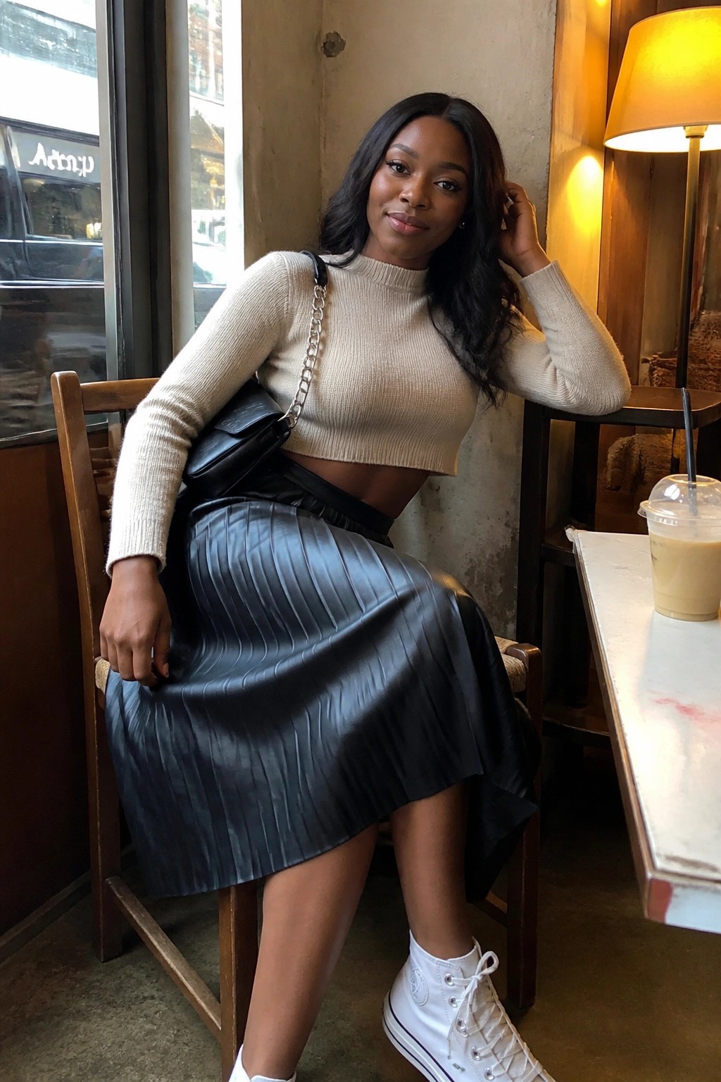 Woman in beige crop sweater and black pleated skirt sits in cafe with coffee.