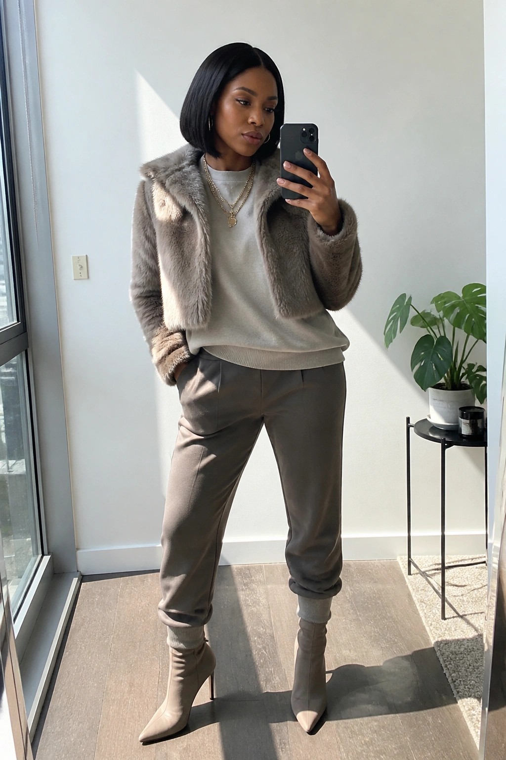 Woman with bob haircut in gray fur vest and joggers taking mirror selfie in neutral tones