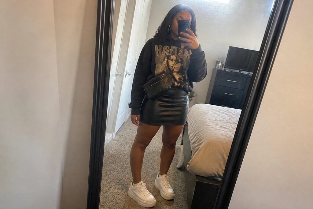21 Baddie Fall Outfits for Black Women With Bold Streetwear Energy Woman in black sweatshirt and leather skirt takes mirror selfie wearing white sneakers