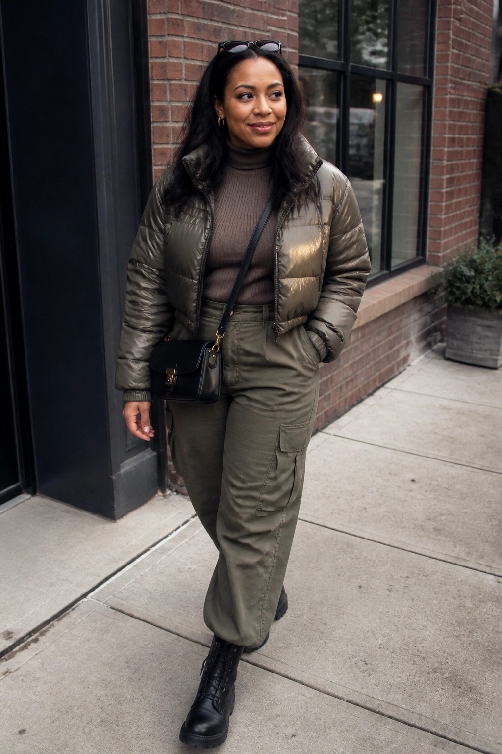 A plus size Black woman wearing an olive green metallic puffer jacket over a brown turtleneck sweater and matching cargo pants, accessorized with a black crossbody bag and black combat boots.