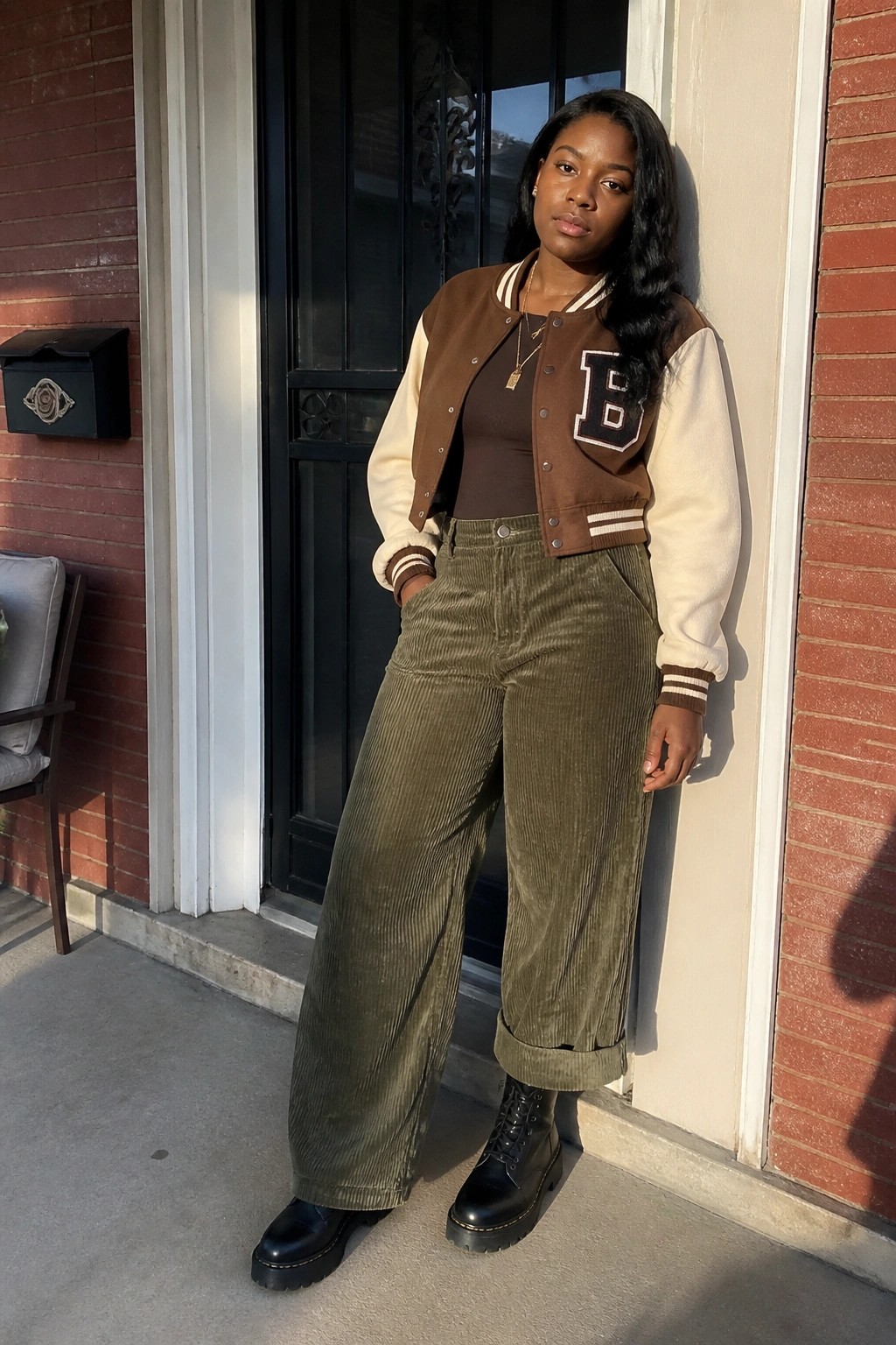 Woman in brown varsity jacket and green corduroy pants standing by brick doorway.