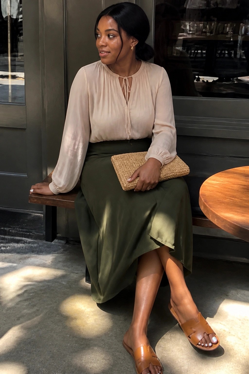 Woman in beige blouse and olive skirt holding woven clutch on bench