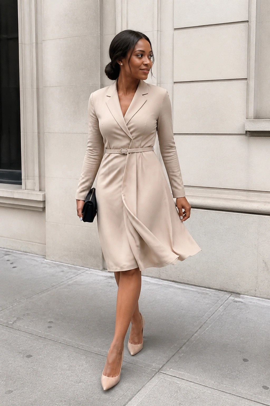 Woman in beige belted wrap dress holding black clutch on sidewalk