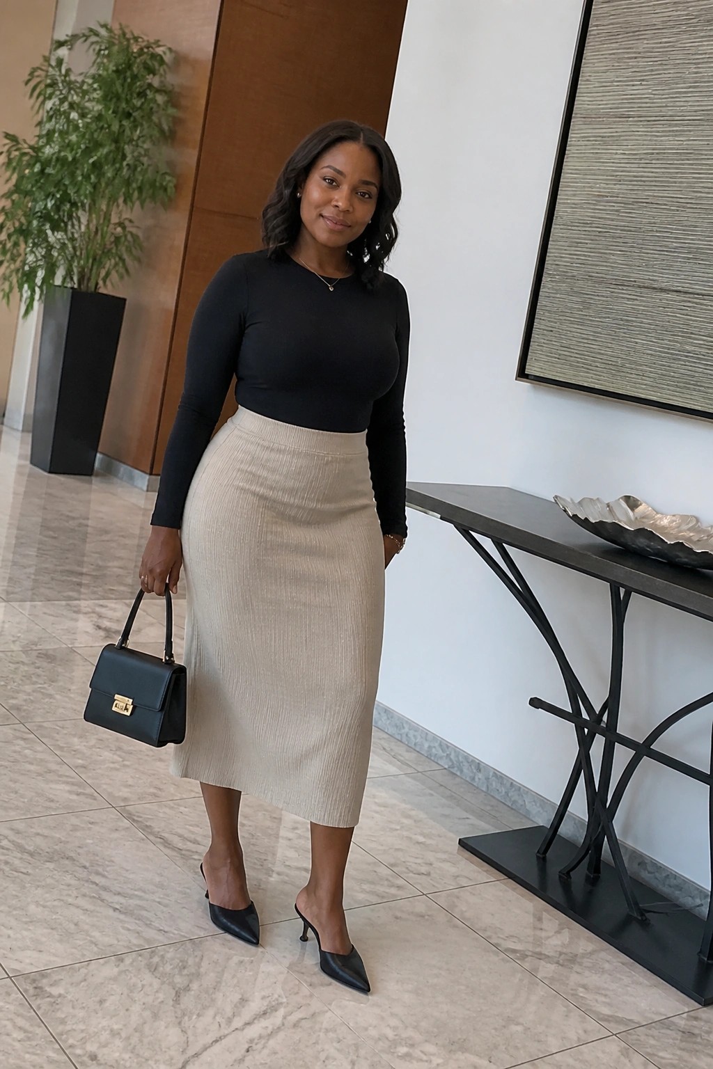 Woman in black top and beige midi skirt holding handbag in modern lobby