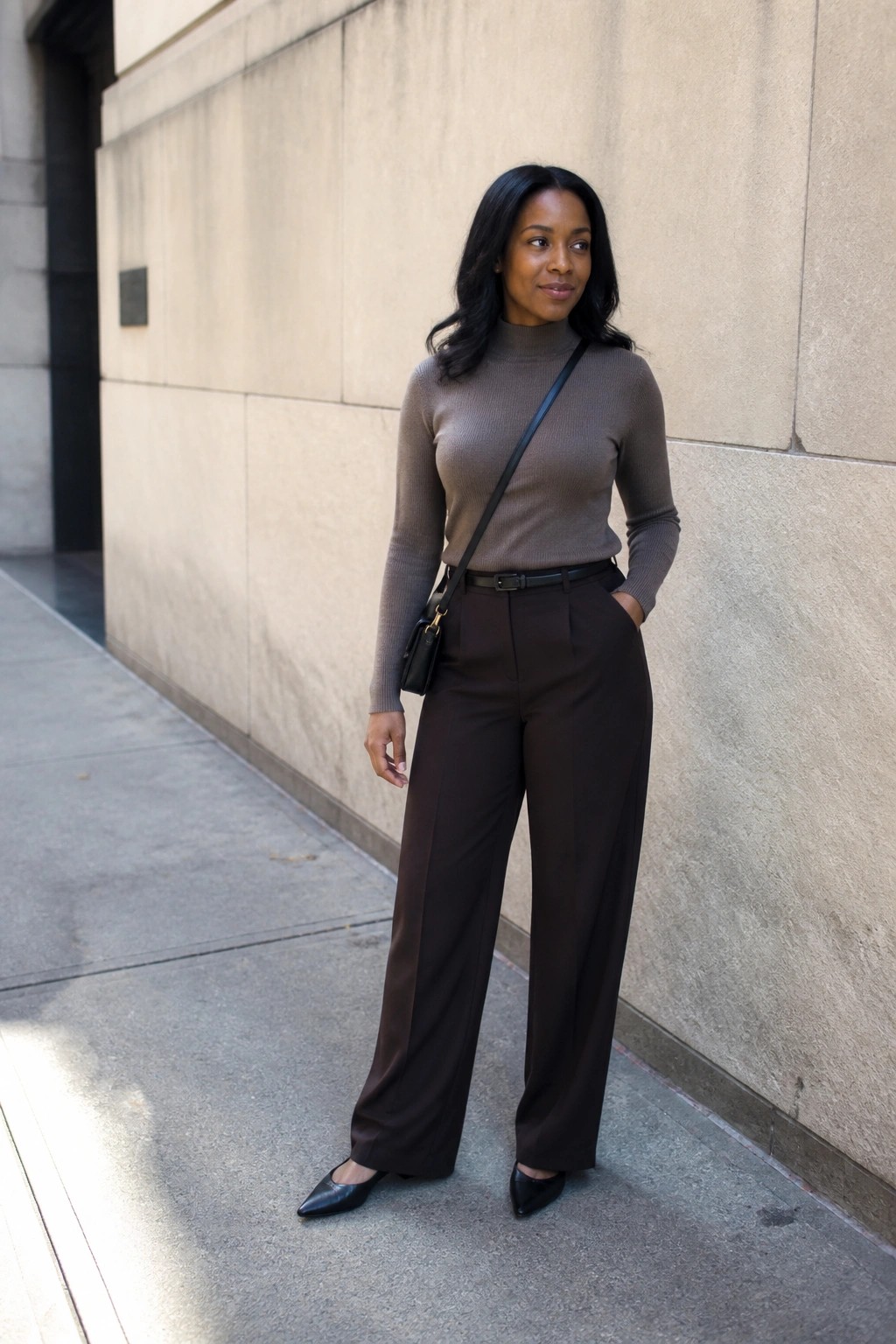 Woman in brown turtleneck and wide-leg trousers with black crossbody bag on sidewalk