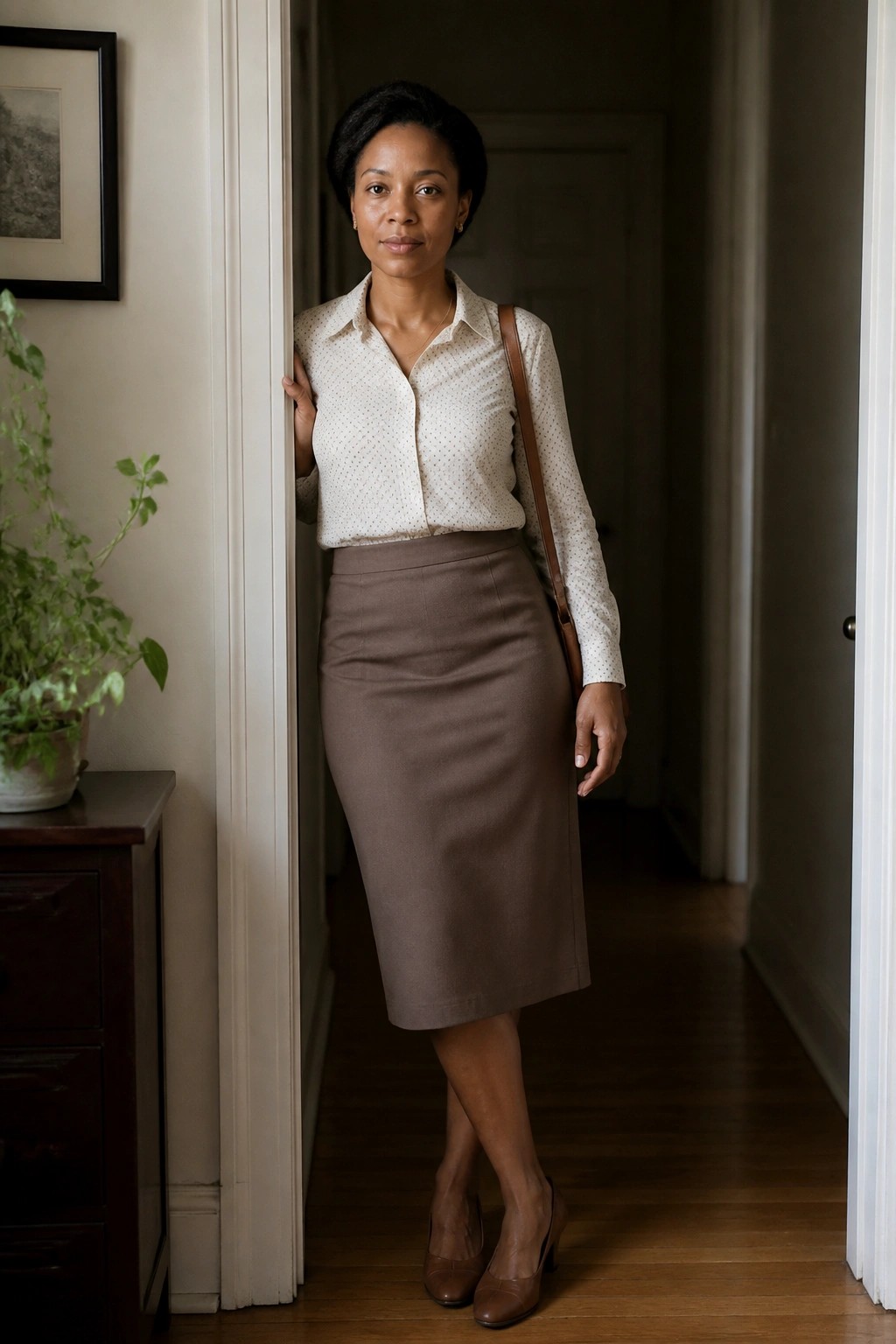 Woman in polka-dot blouse and brown skirt standing in hallway doorway