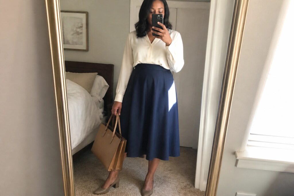 21 Church Outfits for Black Women That Feel Elegant and Modest Woman in cream blouse and navy skirt holding brown bag for mirror selfie