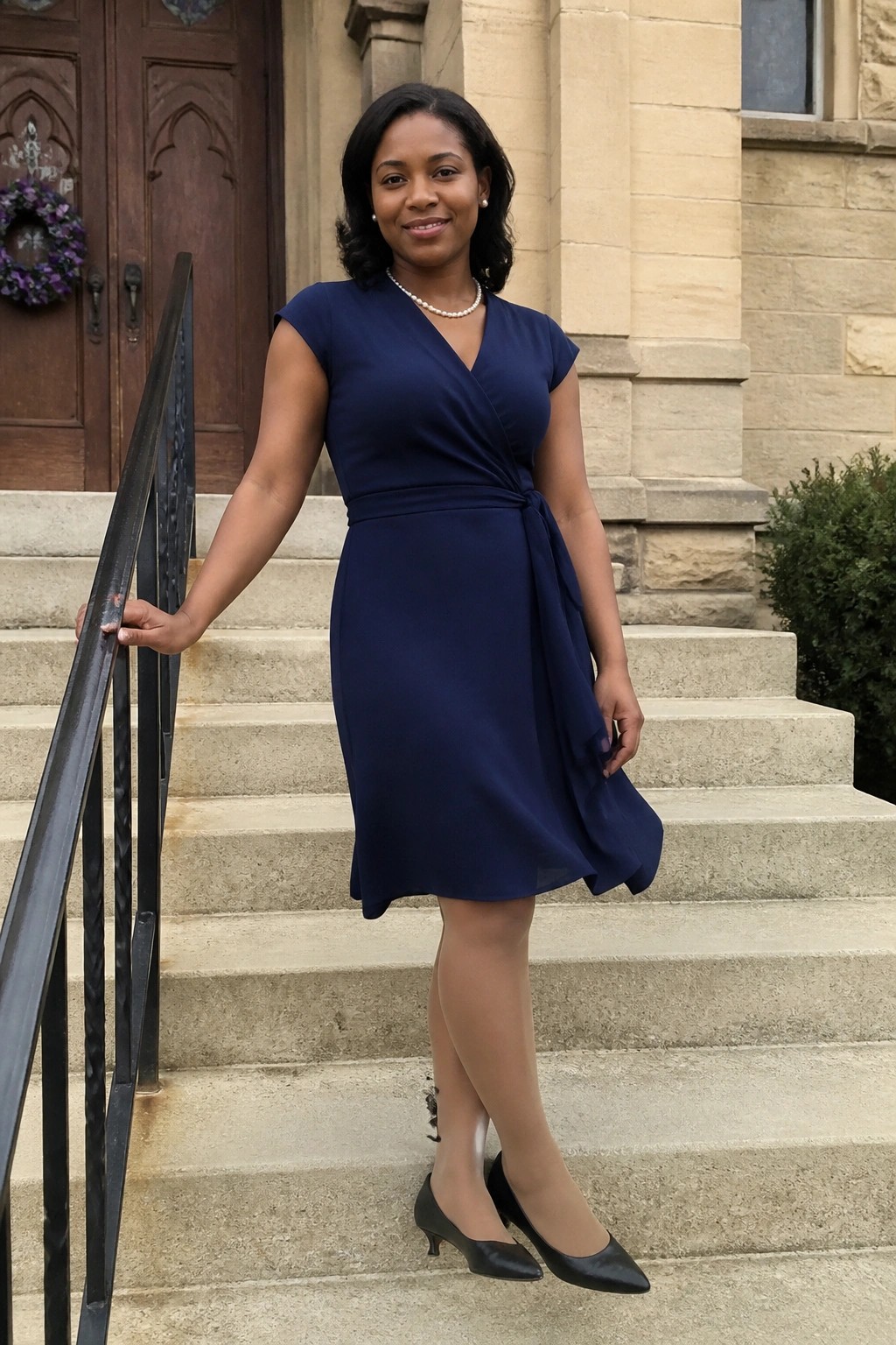 Woman in navy blue wrap dress on stone steps holding black railing
