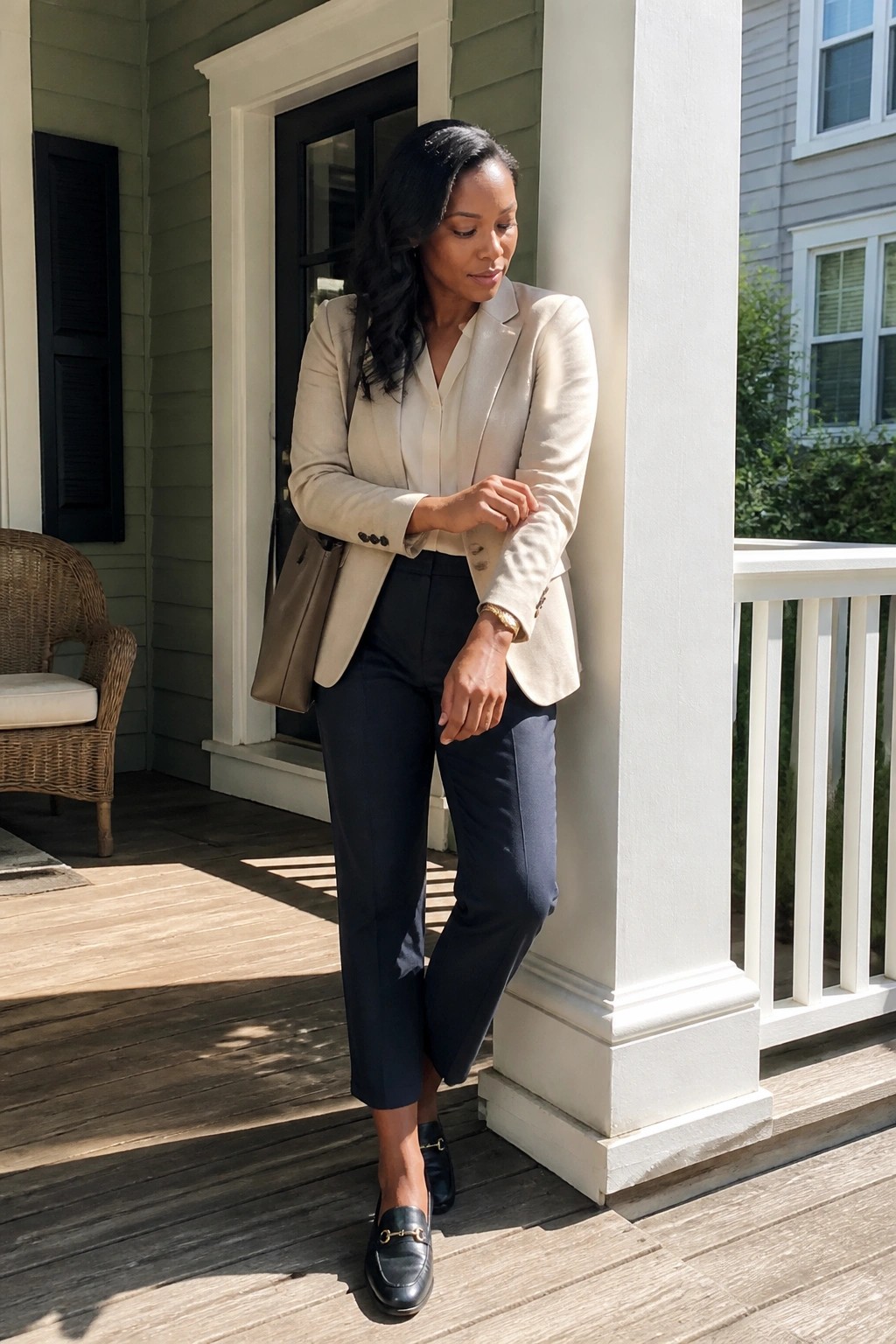 Woman in beige blazer and navy pants leans on white porch column.