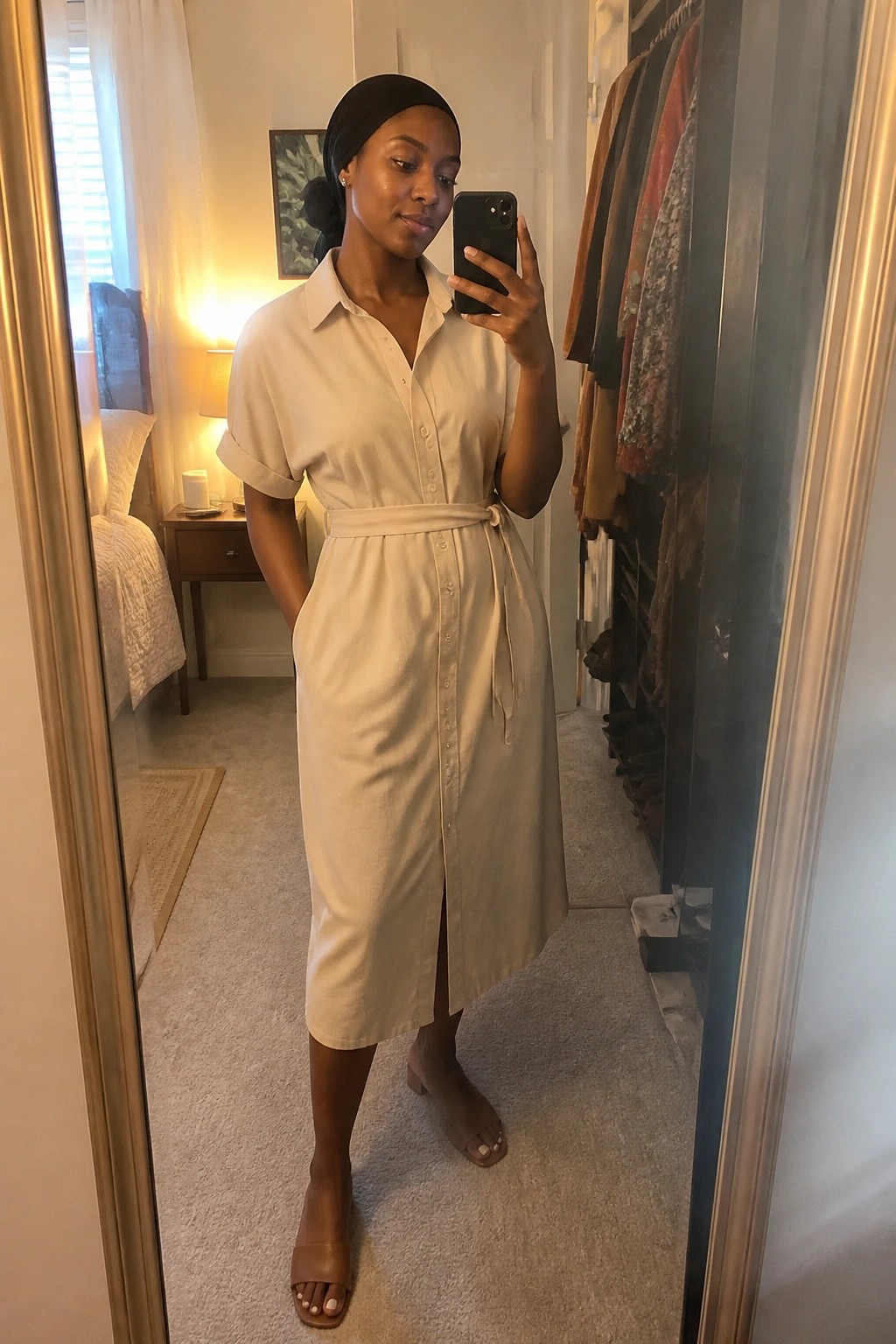 Woman in beige belted shirt dress and black headwrap taking mirror selfie in bedroom