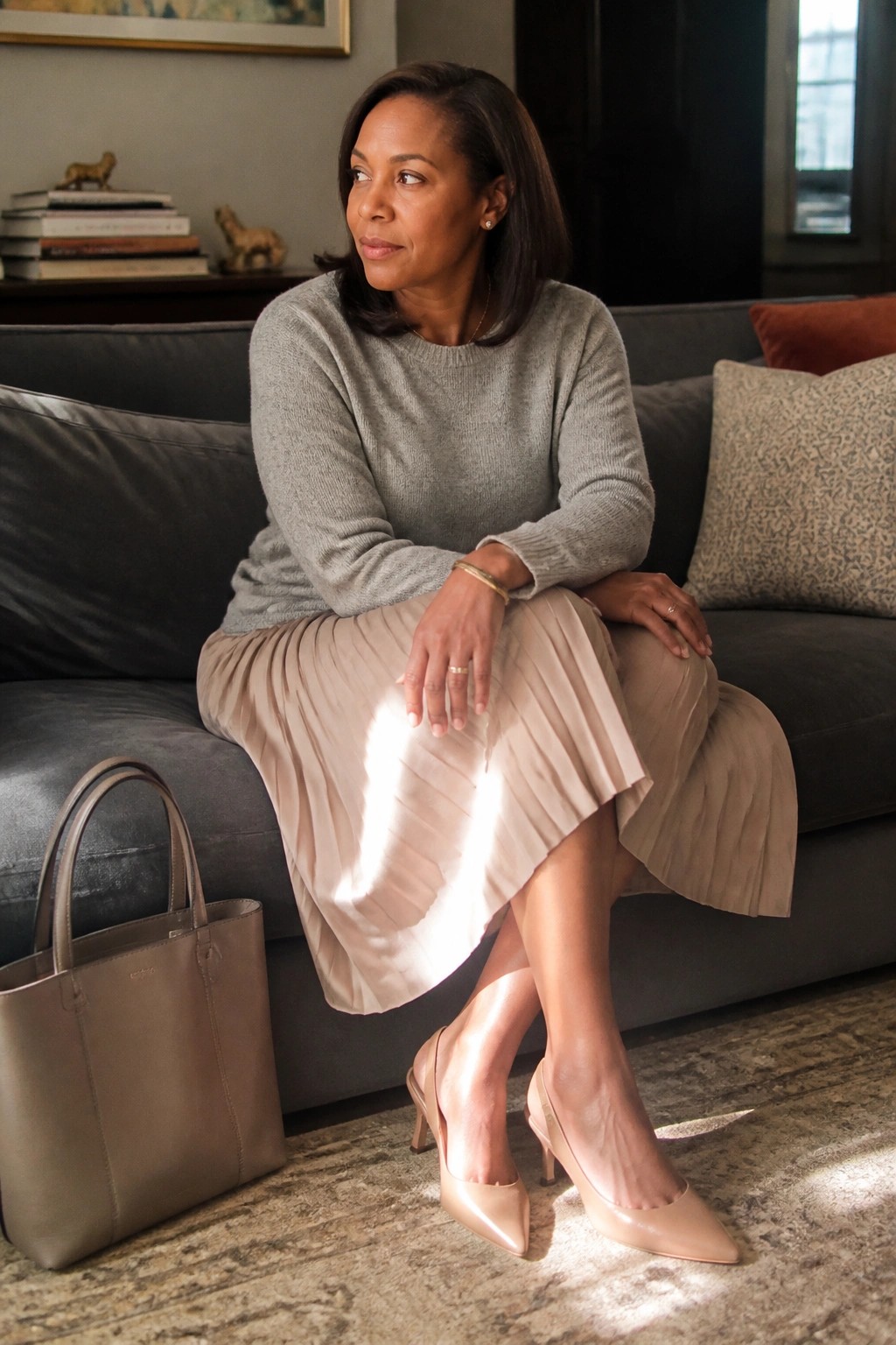 Woman in gray sweater and beige pleated skirt on dark sofa with handbag