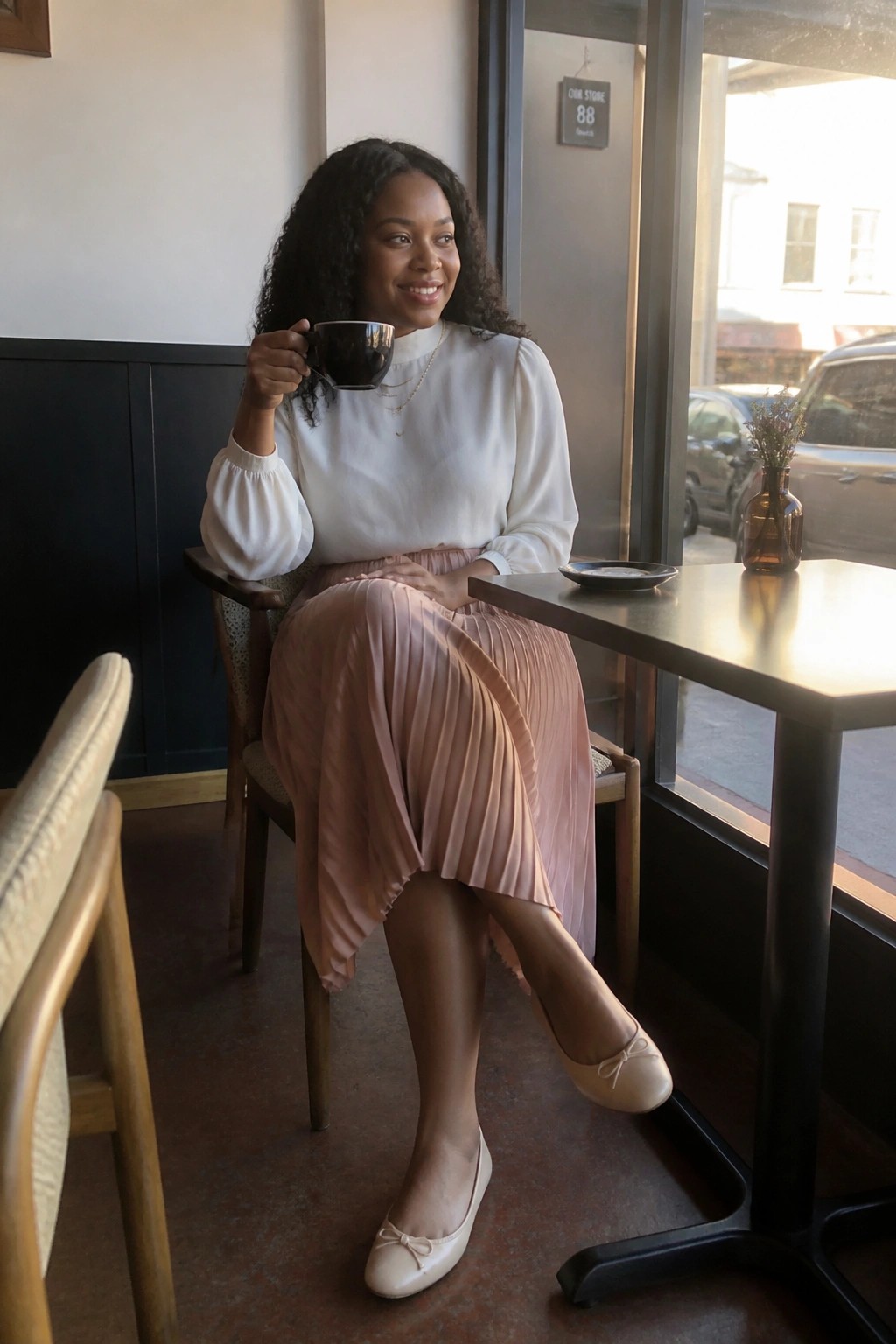 Woman in white blouse and pink pleated skirt holding coffee at cafe table