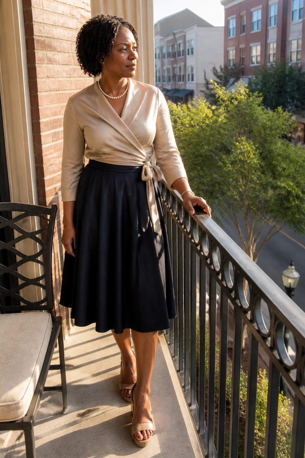 Woman in beige wrap blouse and navy skirt stands on sunny balcony.