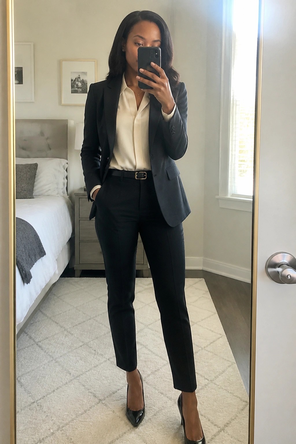 Woman wearing a black tailored pantsuit over a cream satin blouse with black belt and pointed heels while taking a mirror selfie in a bedroom.