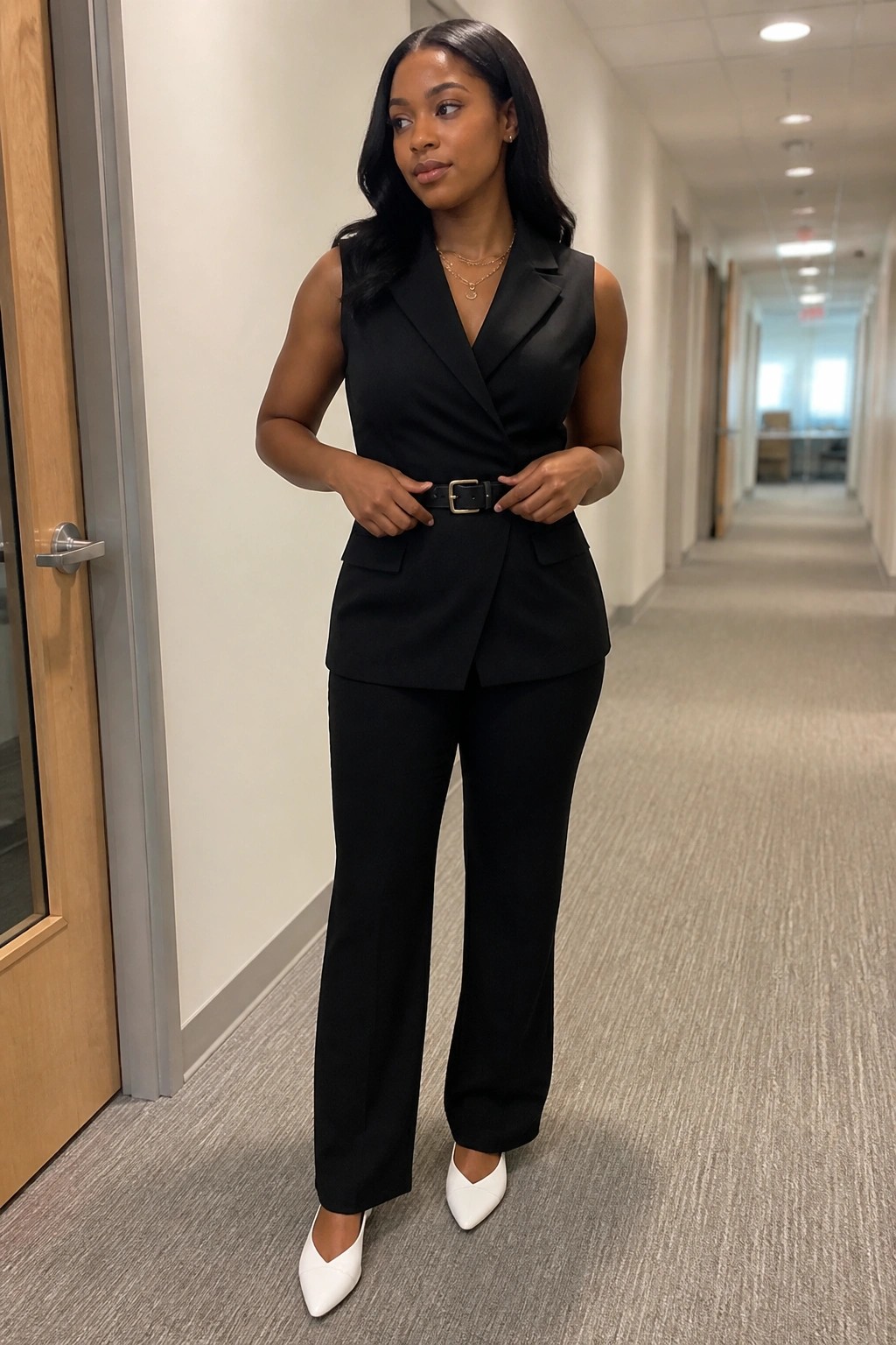 Woman in black sleeveless belted vest, matching pants, and white heels in hallway.