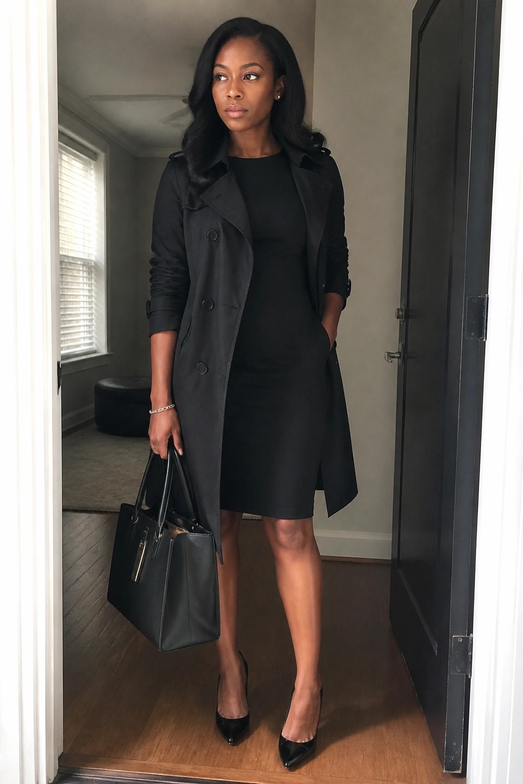 Woman in black trench coat and dress holding handbag in doorway