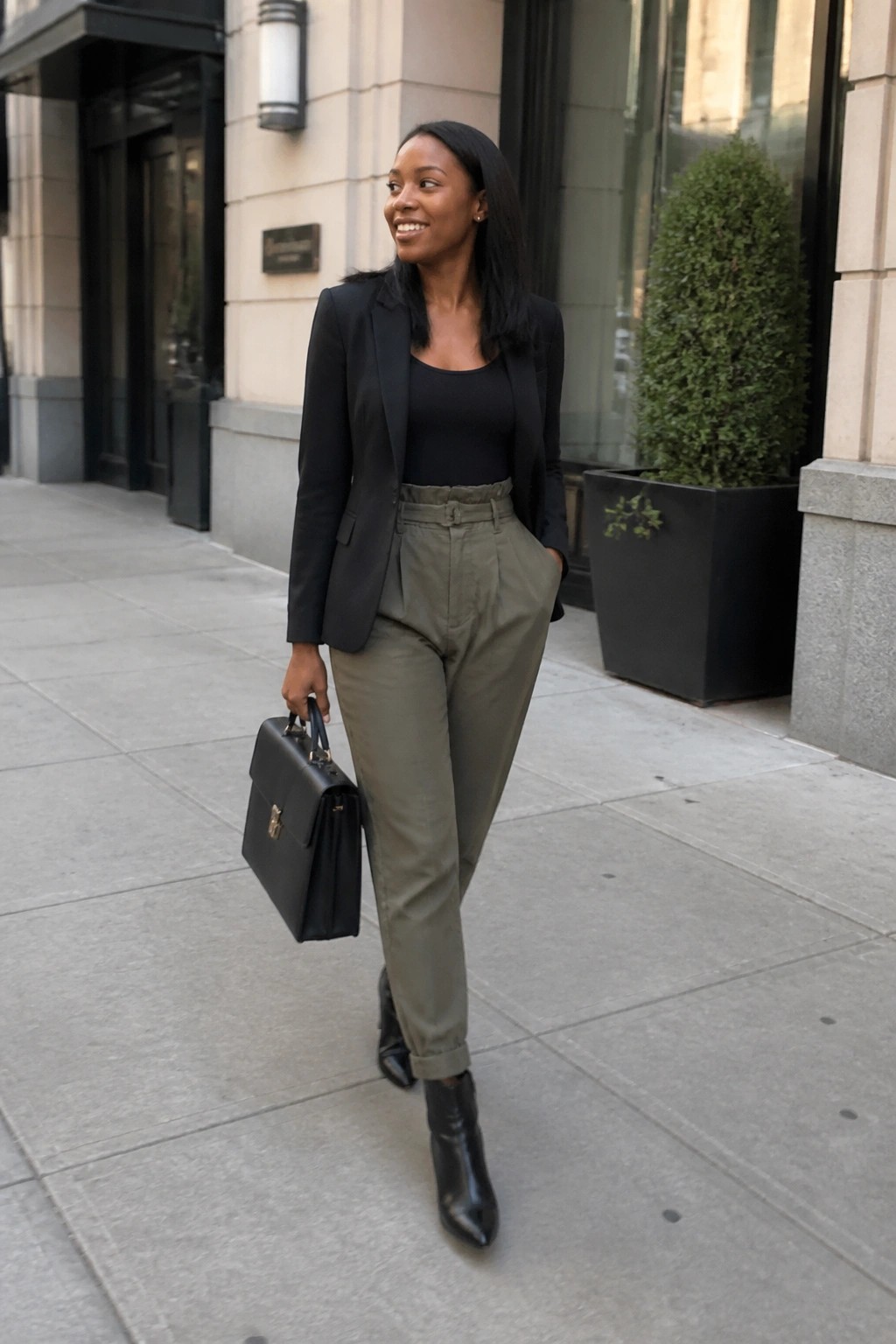 Woman wearing a black blazer over a black top with olive high-waisted trousers, black ankle boots, and carrying a black structured handbag on a city sidewalk.