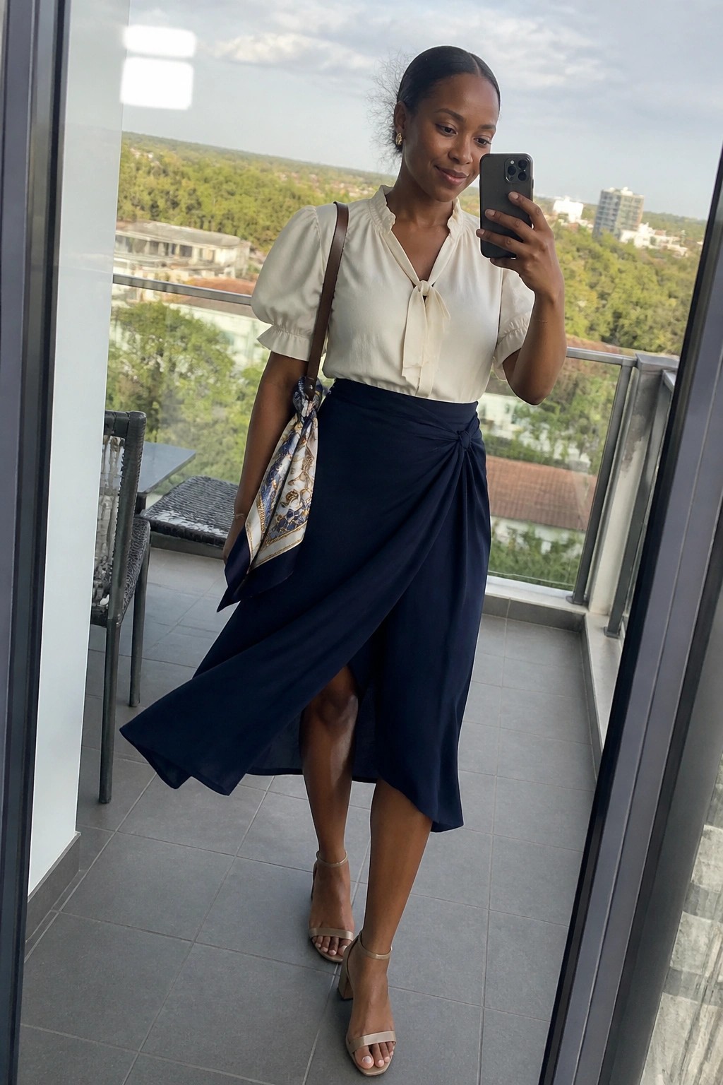 Woman in cream blouse and navy wrap skirt taking balcony selfie