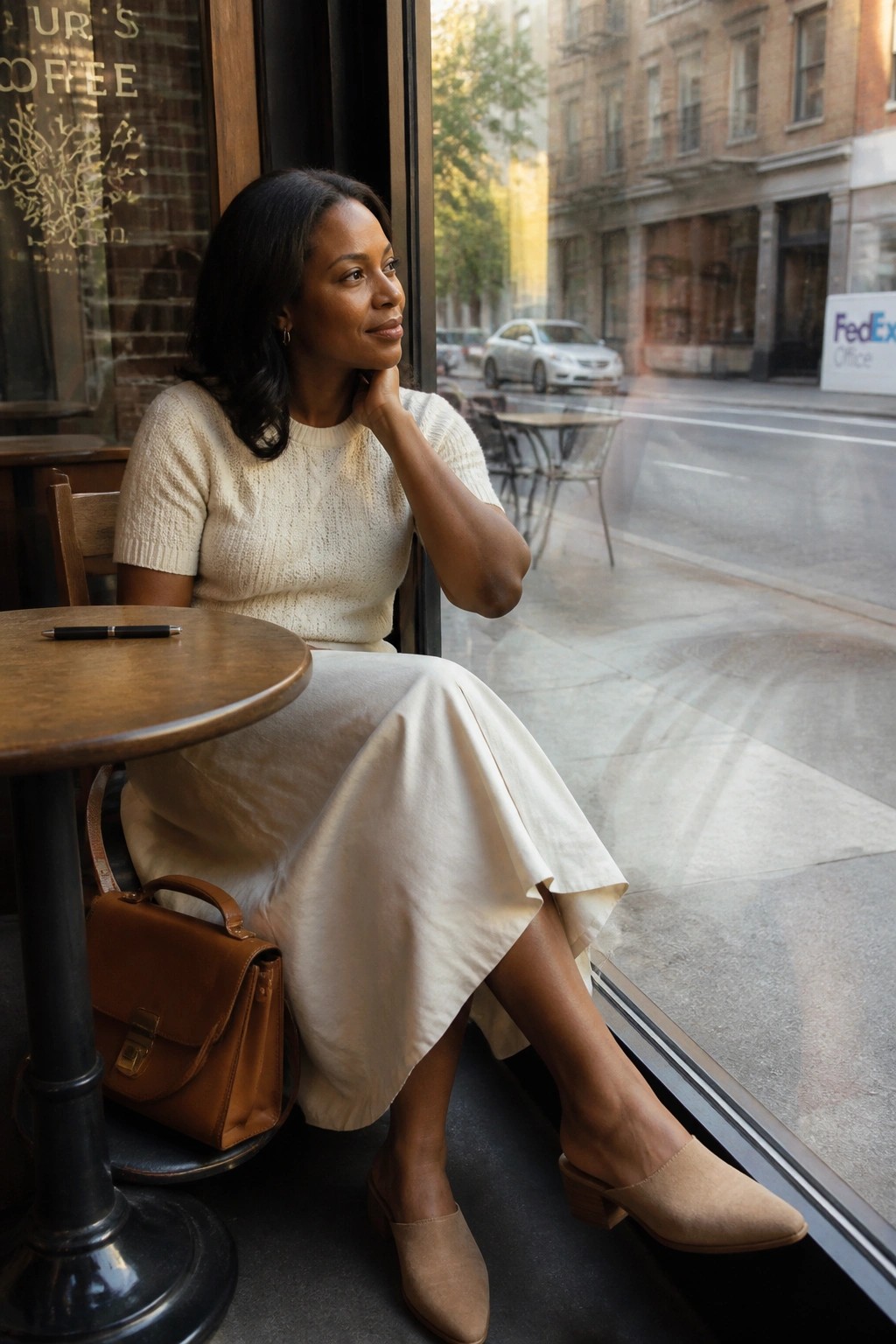 Woman in cream sweater and beige skirt sits by cafe window overlooking city street.