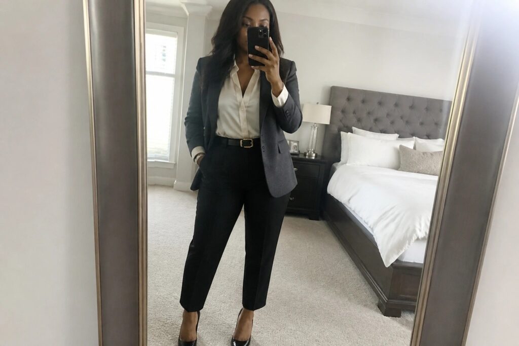 21 Corporate Baddie Outfits for Black Women That Blend Power and Style Woman wearing a black tailored pantsuit over a cream satin blouse with black belt and pointed heels while taking a mirror selfie in a bedroom.
