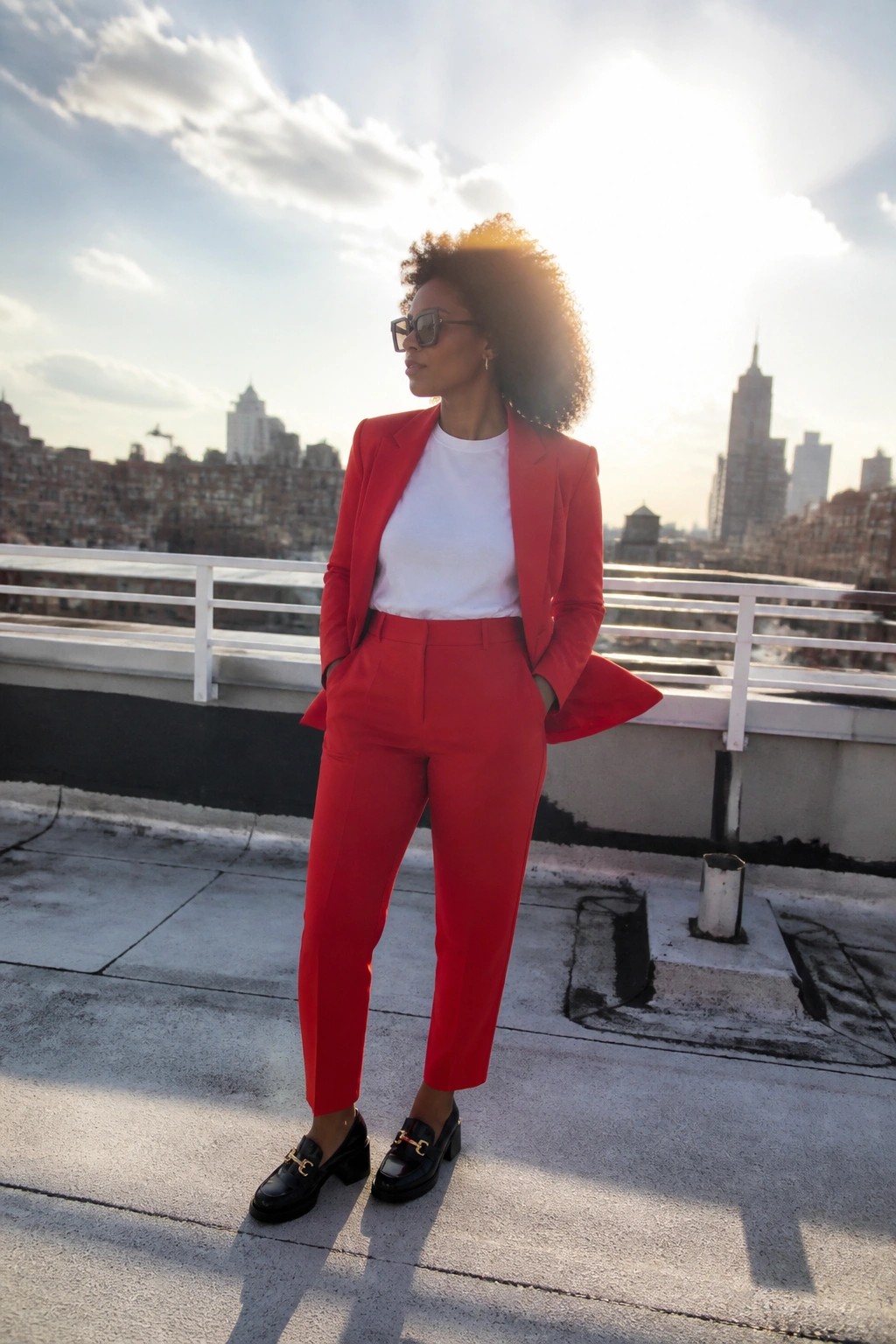 Woman in red pantsuit with white tee on sunny city rooftop