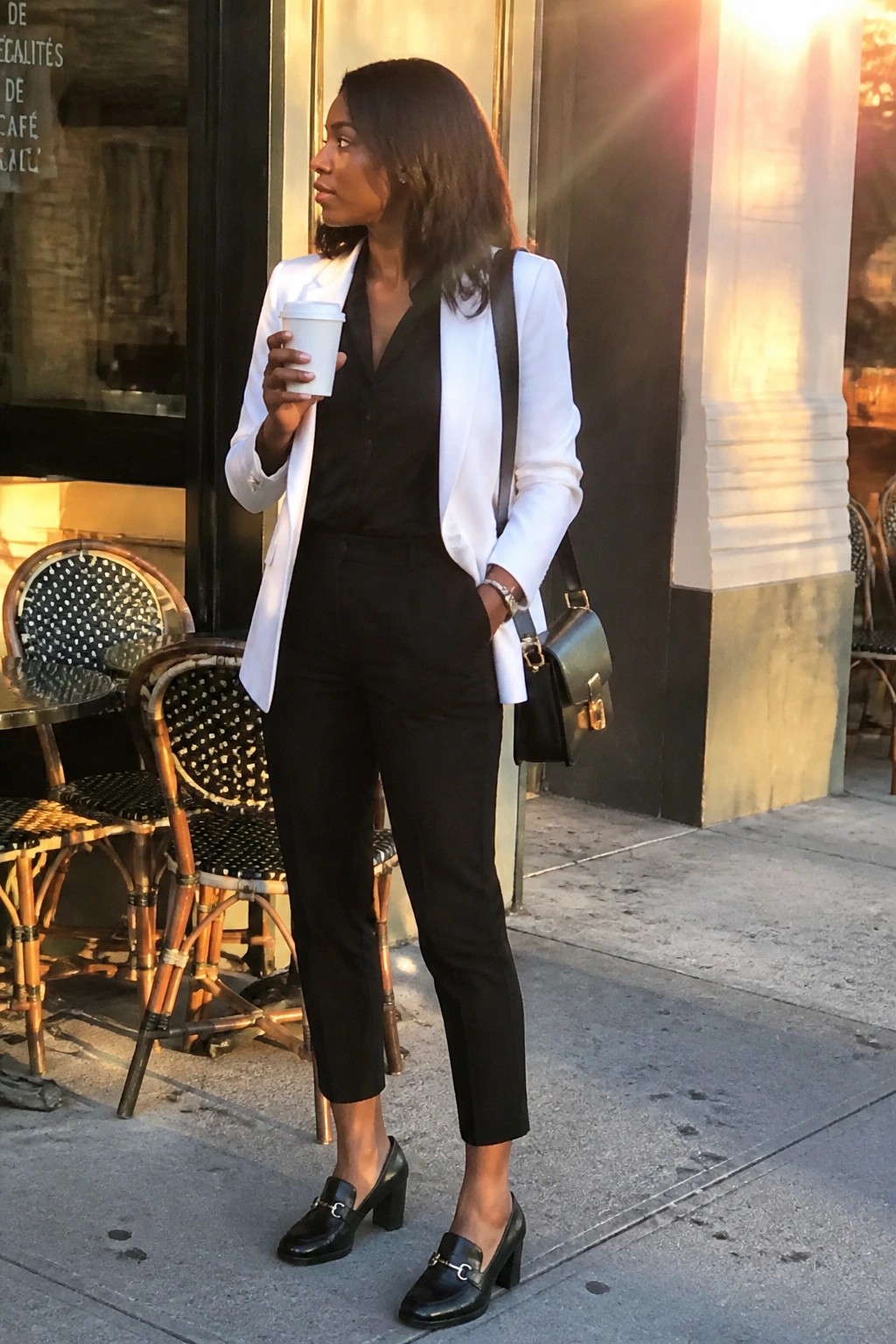 Woman in white blazer and black pants holding coffee cup on sidewalk