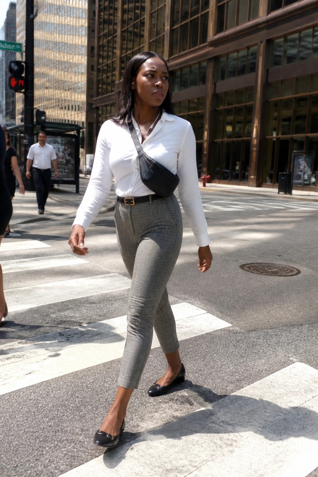 Woman in white shirt and plaid pants crossing sunny city crosswalk