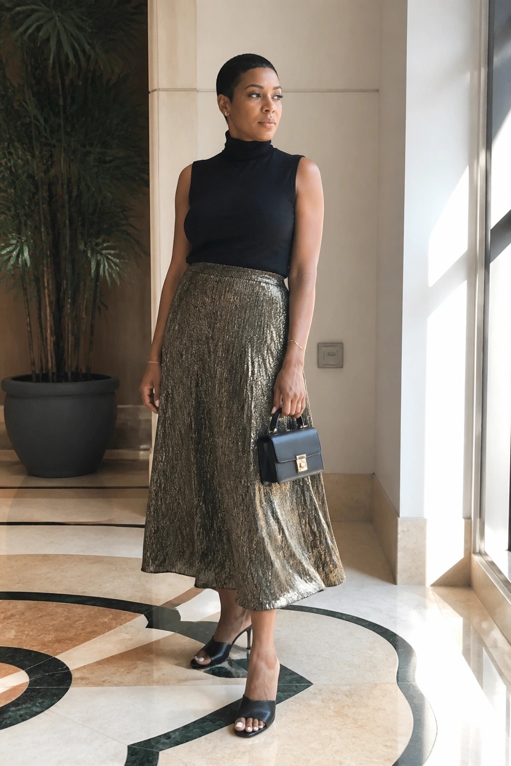 A woman in a black sleeveless turtleneck top tucked into a gold metallic pleated midi skirt paired with black open toe heels and a small black handbag.