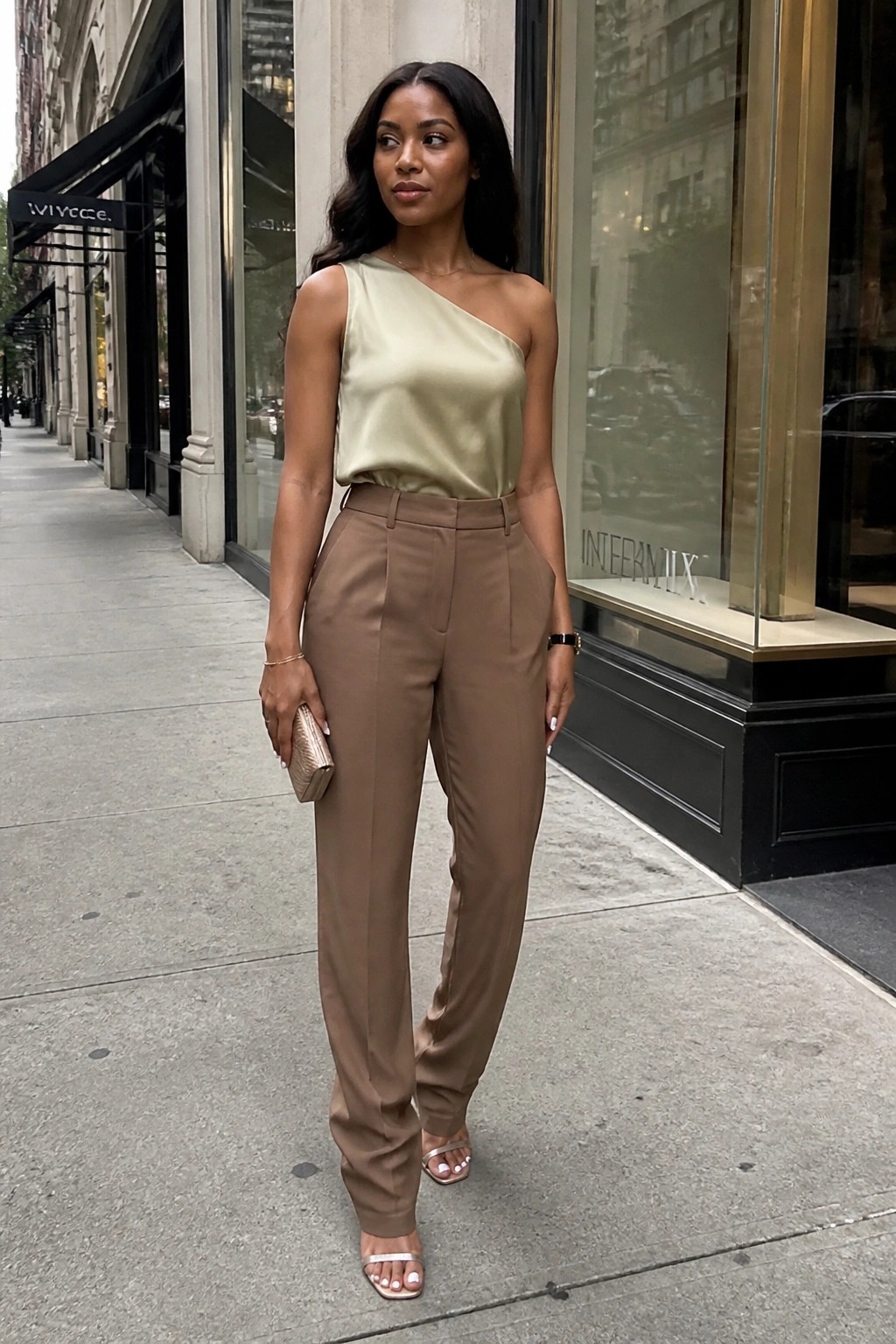 Woman wearing a pale gold one-shoulder satin top tucked into taupe straight-leg trousers with silver strappy sandals and a rose gold clutch.