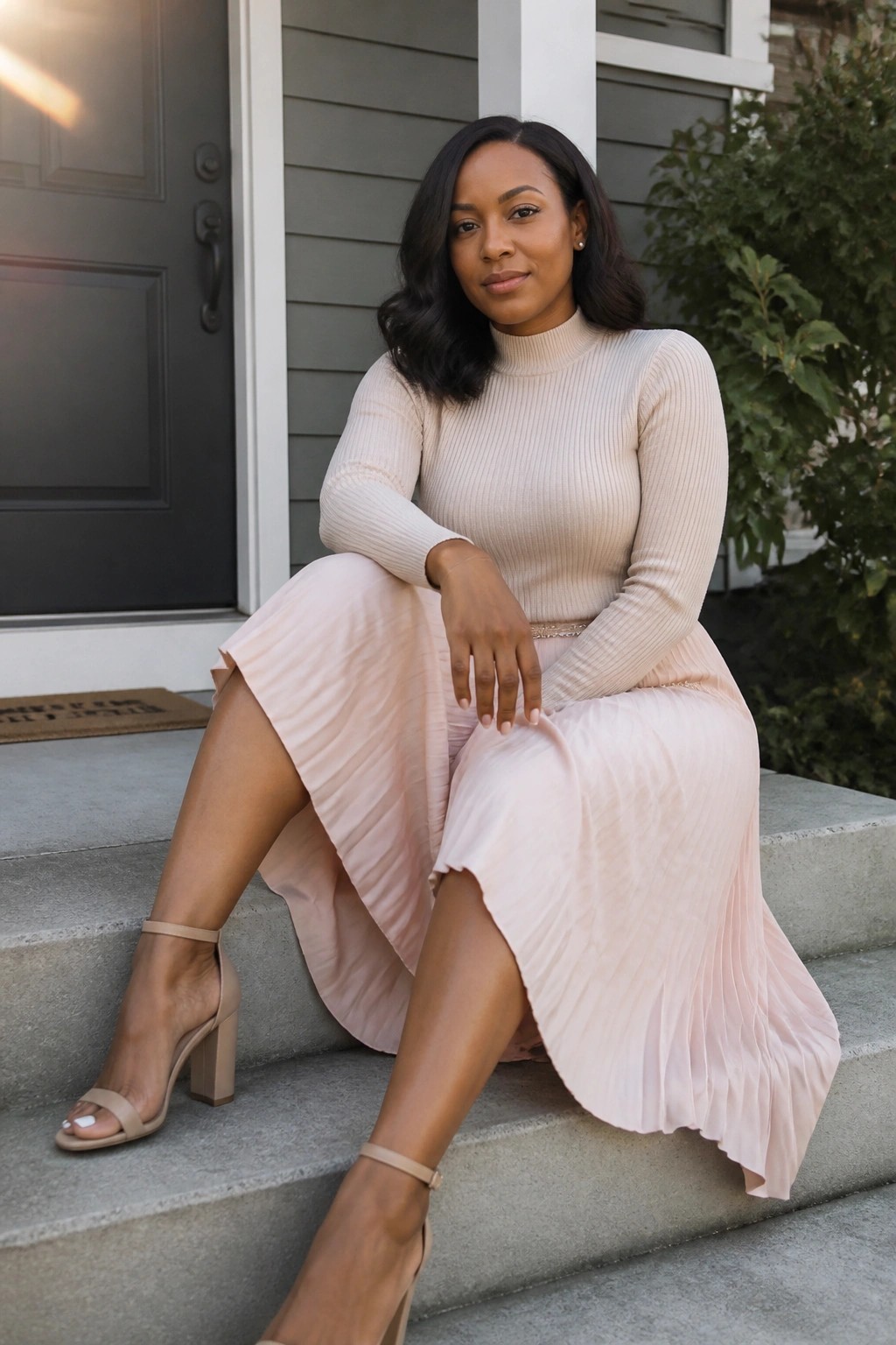 Woman in cream turtleneck and pink pleated skirt seated on concrete steps