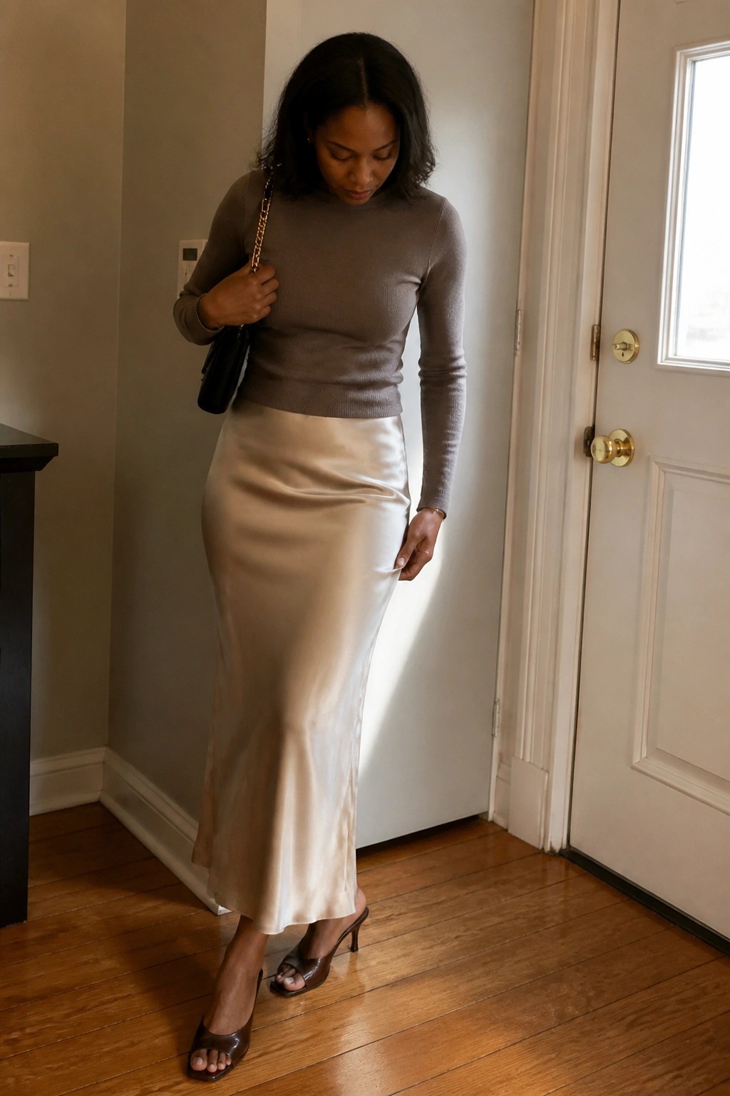 Woman in taupe sweater and beige satin skirt holding black handbag indoors