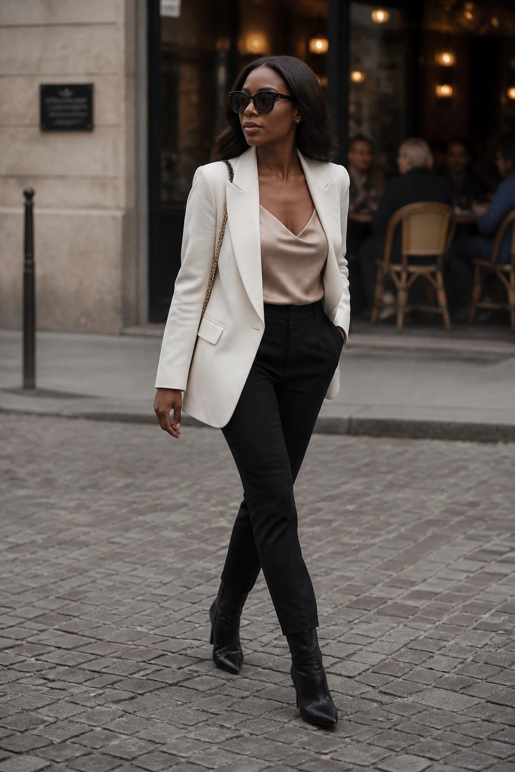 Woman in white blazer, beige top, black pants, and boots on cobblestone street