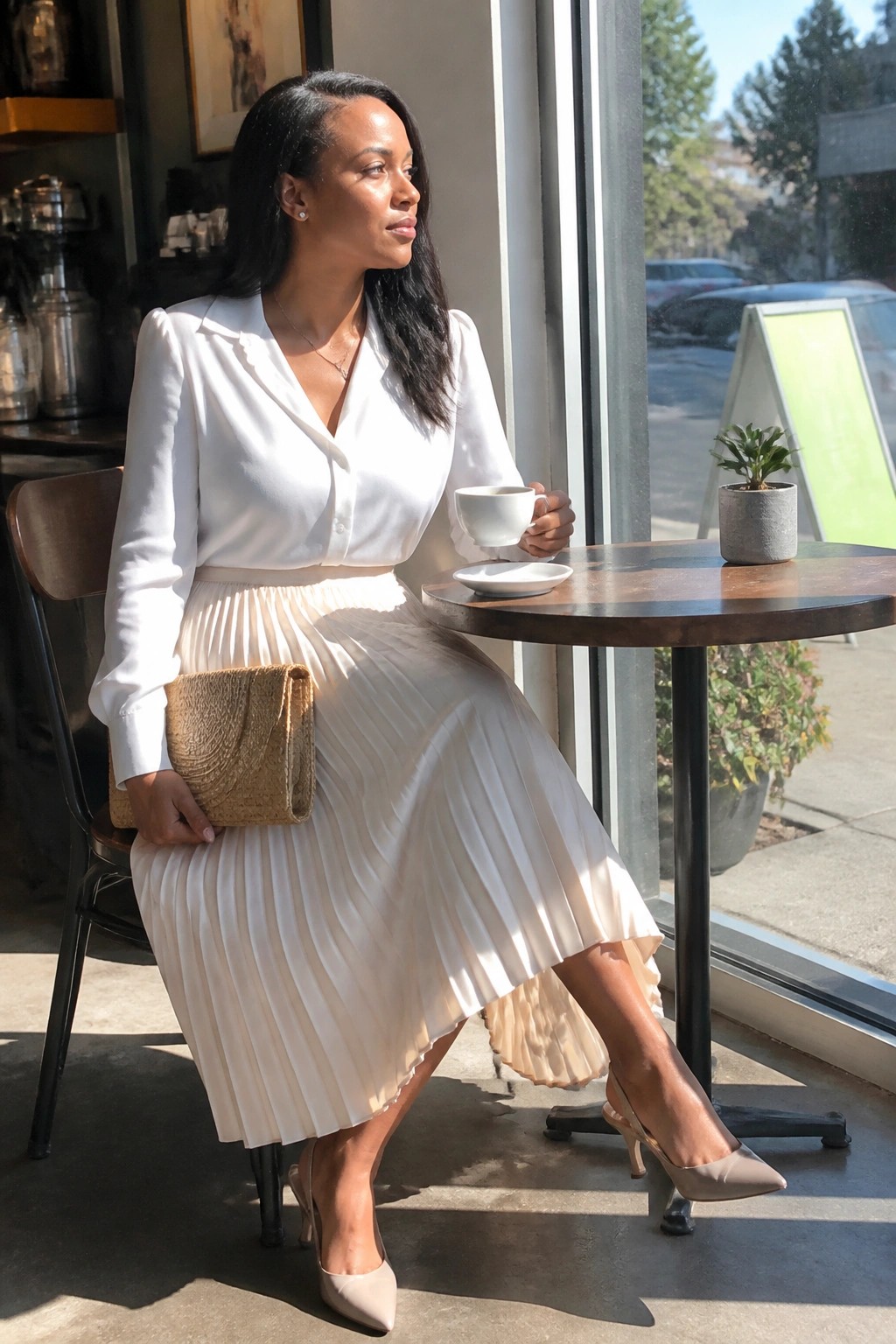 Black woman wearing a white long sleeve button up blouse tucked into a cream pleated midi skirt, paired with beige pointed toe heels and holding a woven clutch.