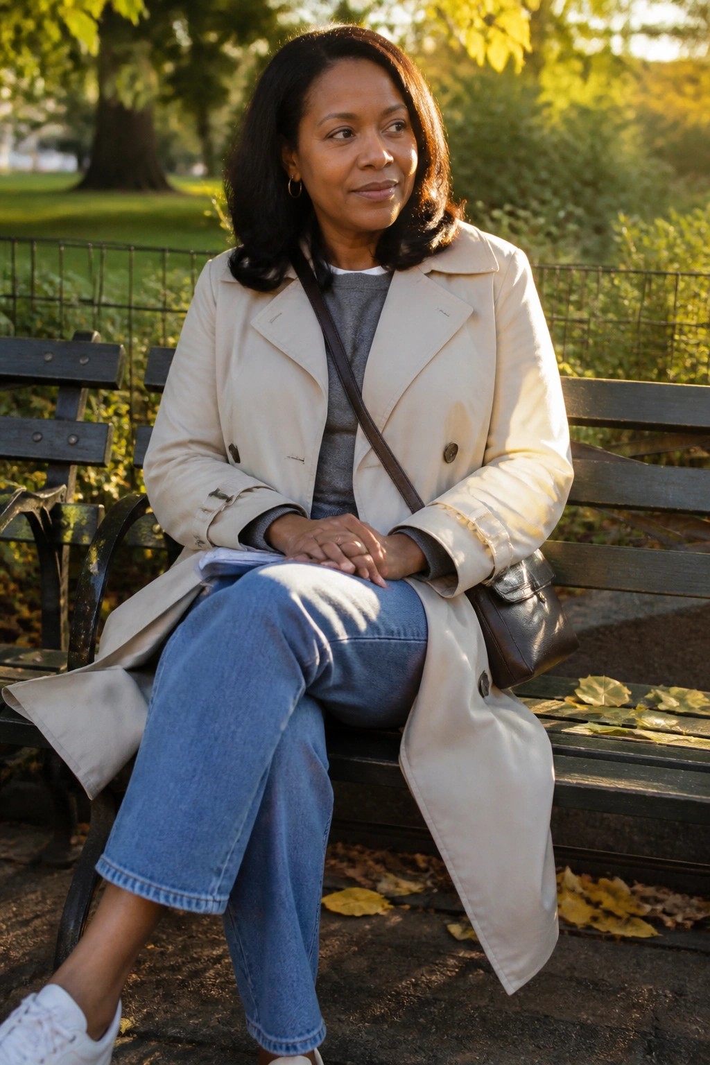 Woman wearing a beige trench coat over a gray sweater with blue wide-leg jeans and white sneakers while seated on a park bench holding a notebook with a brown bag strap across her body.